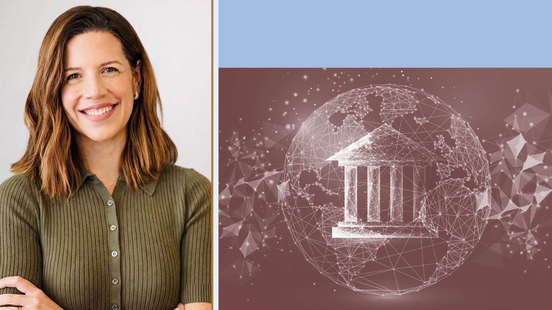Photo illustration of Rachael Horwitz collaged with an abstract image of digital global banking.