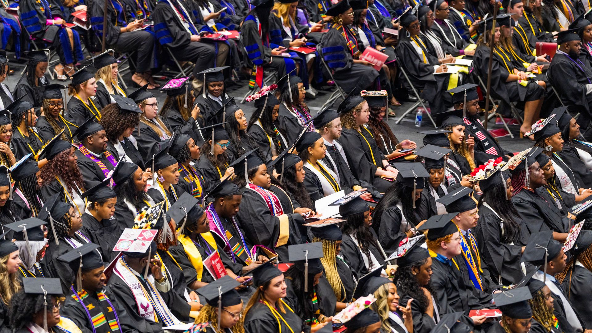 DURHAM, NC - MAY 4: Students celebrate during the North Carolina Central Spring 2024 Graduate and Professional Ceremony at North Carolina Central University on May 4, 2024 in Durham, North Carolina. (Photo by DeAndres Royal/North Carolina University via Getty Images)
