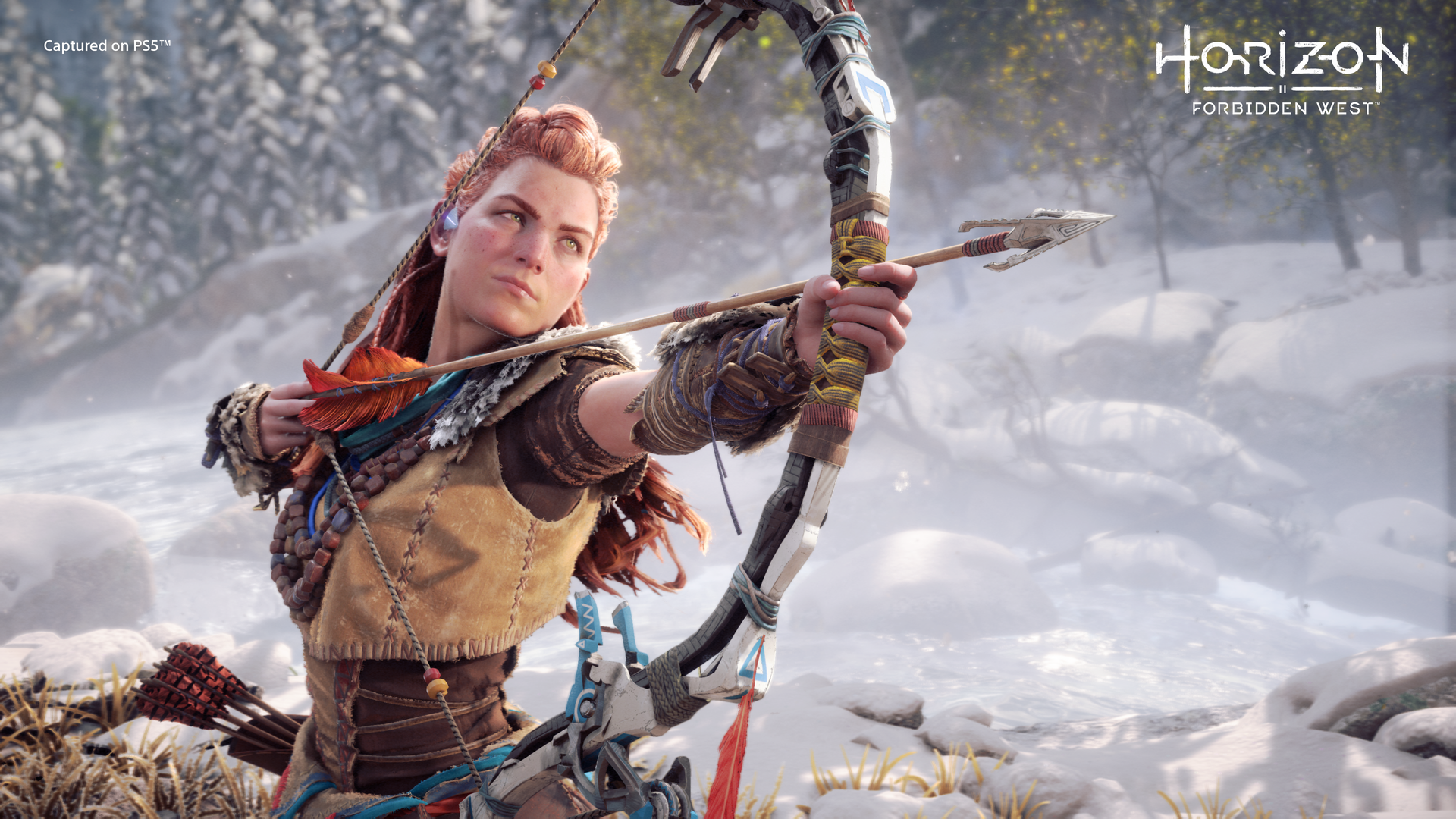 Video game image of a red-haired woman aiming a bow and arrow