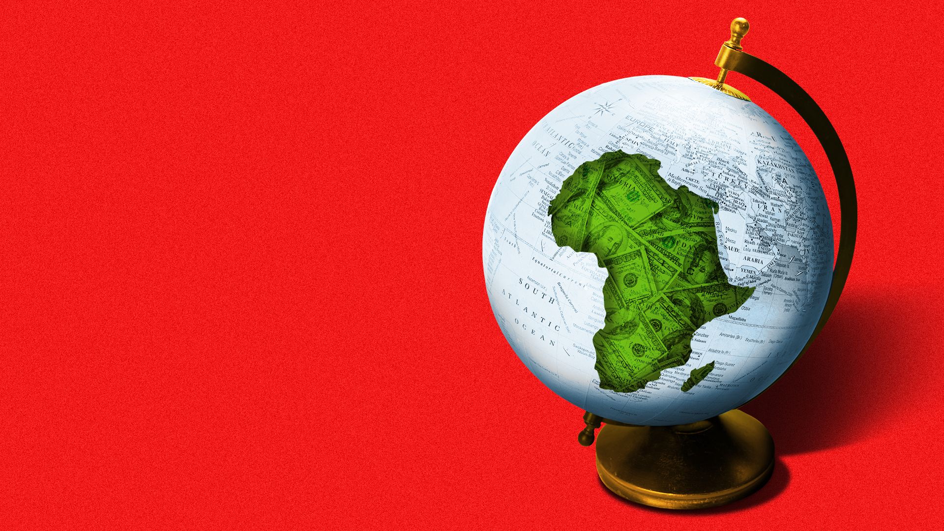 Illustration of a tabletop globe with a US dollar overlay on Africa
