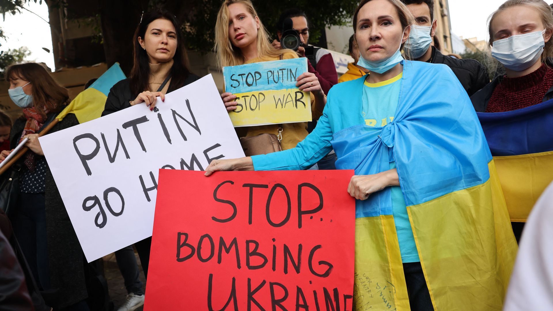 People protesting outside the Russian embassy in Beirut on Feb. 24.