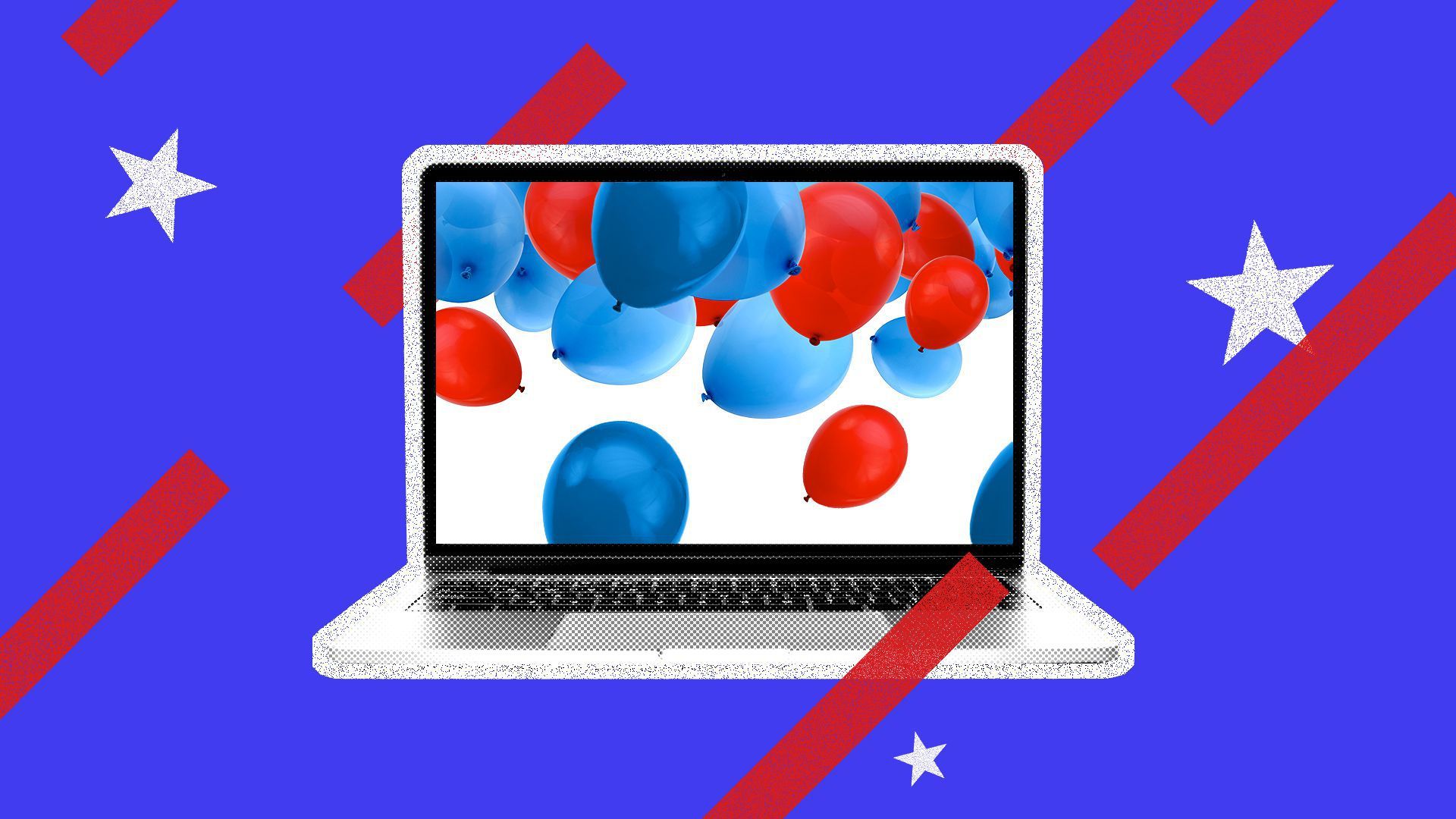 Illustration of a laptop with red and blue balloons on its screen.