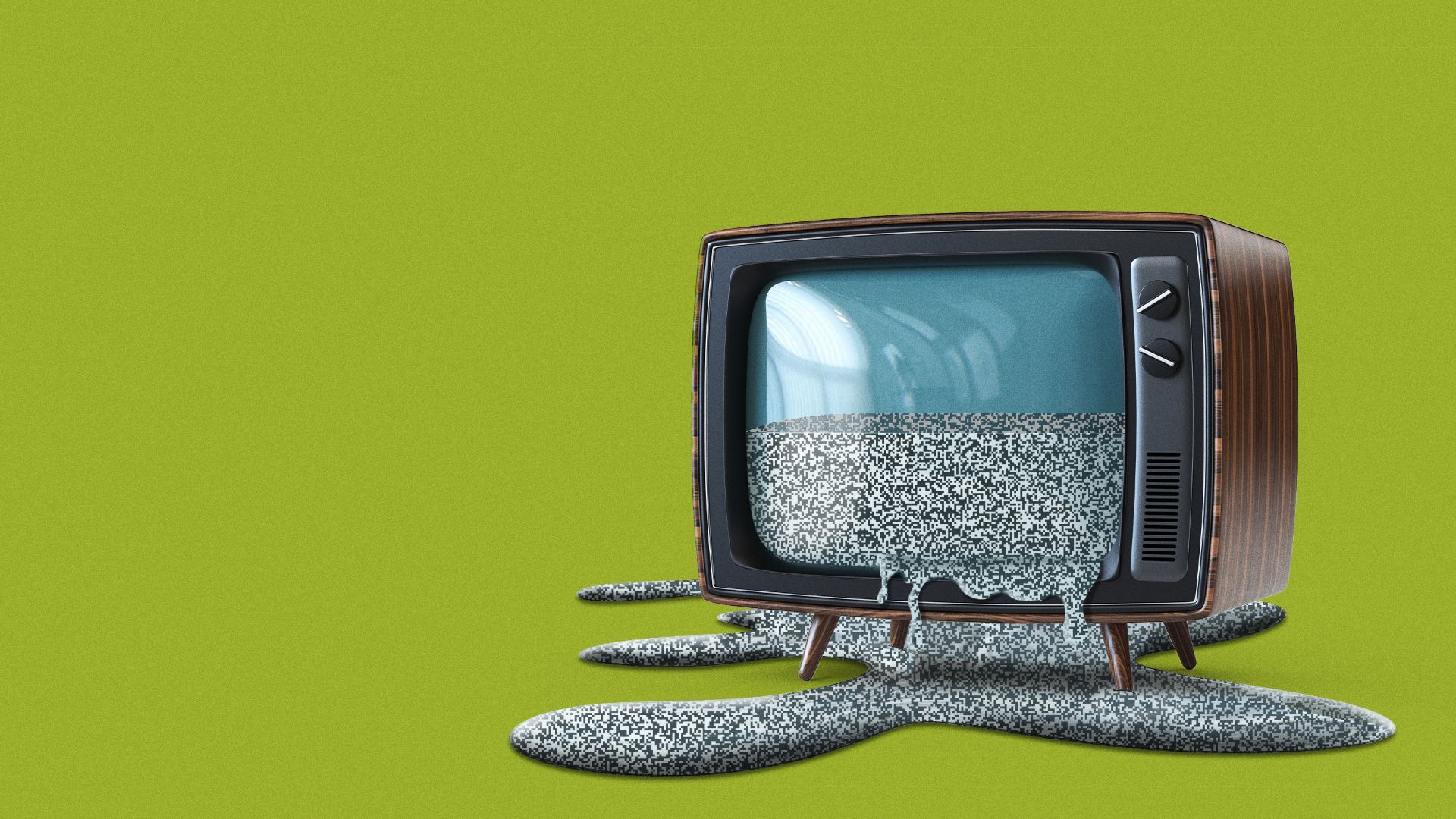 Illustration of a television with static leaking out of it as if it were a liquid. 