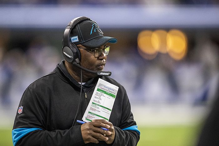 INDIANAPOLIS, IN - DECEMBER 22: Interim head coach Perry Fewell of the Carolina Panthers watches from the sidelines during the first quarter of the game against the Indianapolis Colts at Lucas Oil Stadium on December 22, 2019 in Indianapolis, Indiana. (Photo by Bobby Ellis/Getty Images)