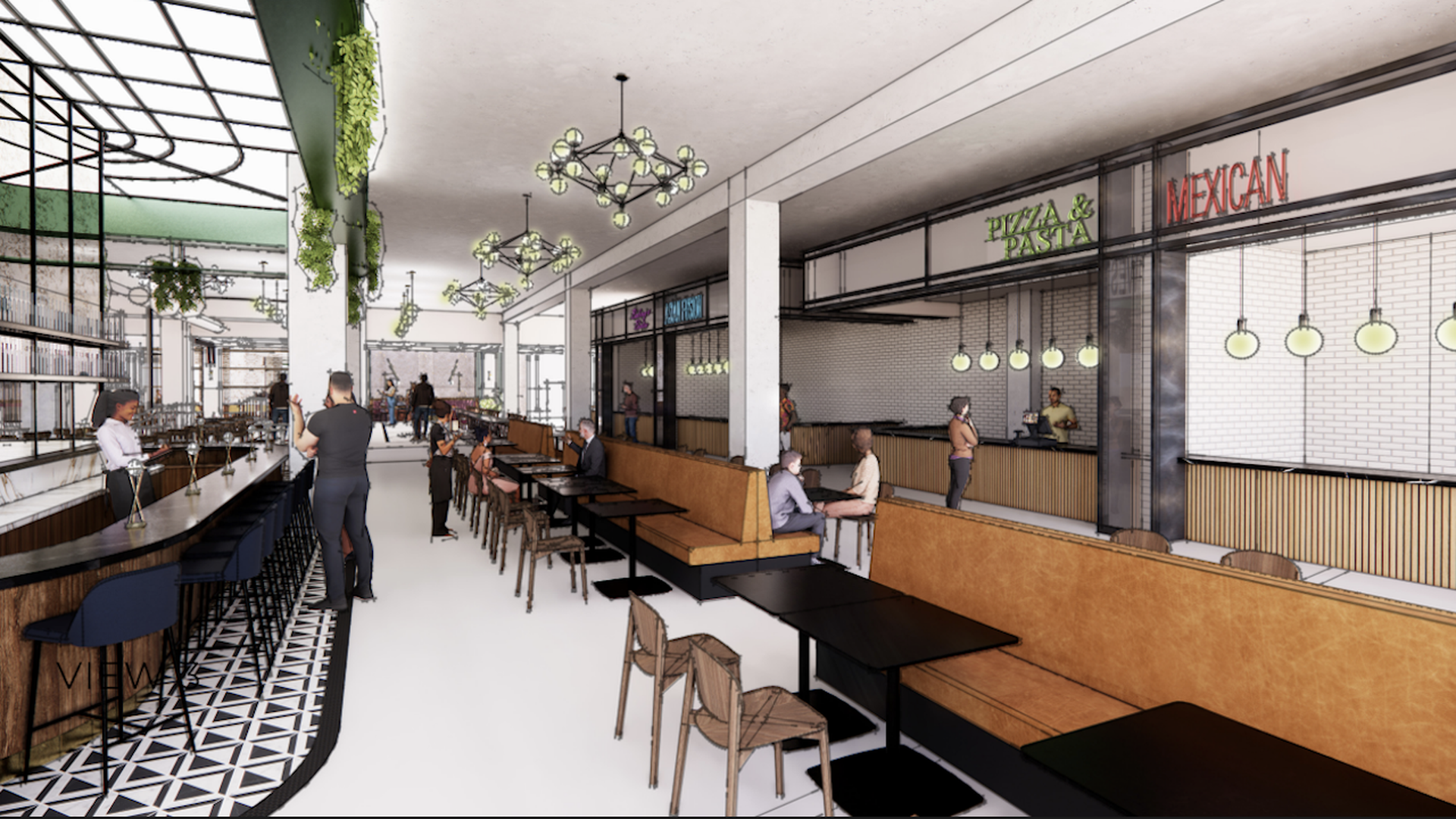 A rendering showing people sitting in seats near a bar with restaurant vendor signs above