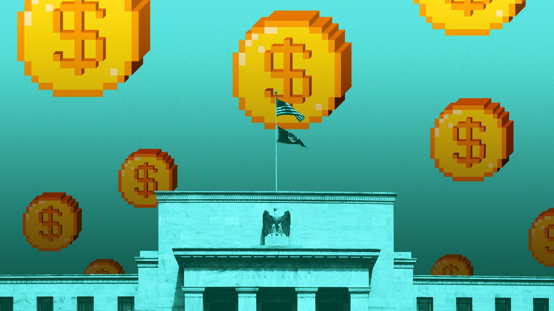 Illustration of the Marriner S. Eccles Federal Reserve Board Building against a backdrop of pixelated coins.