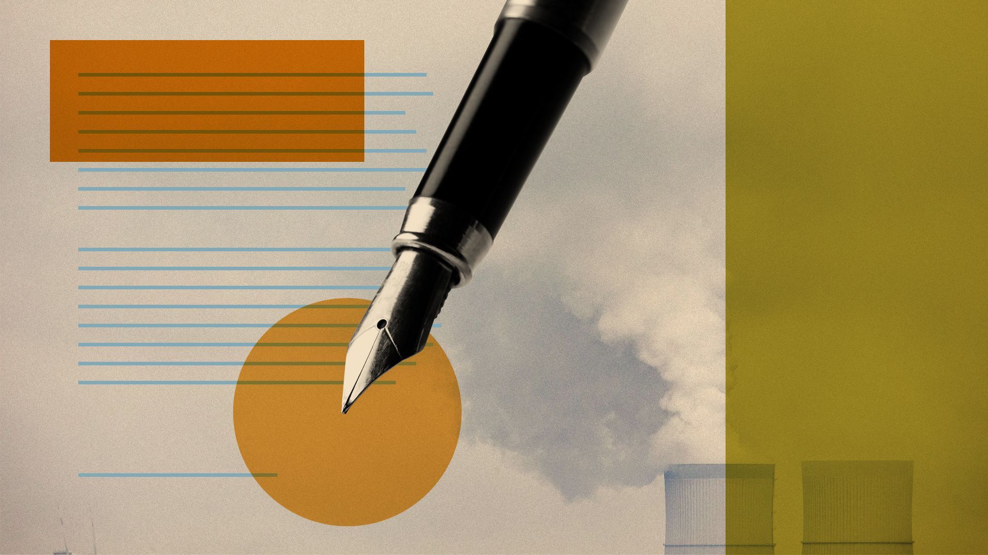 Photo illustration of a collage including a pen, smoke stacks and colorful shapes.