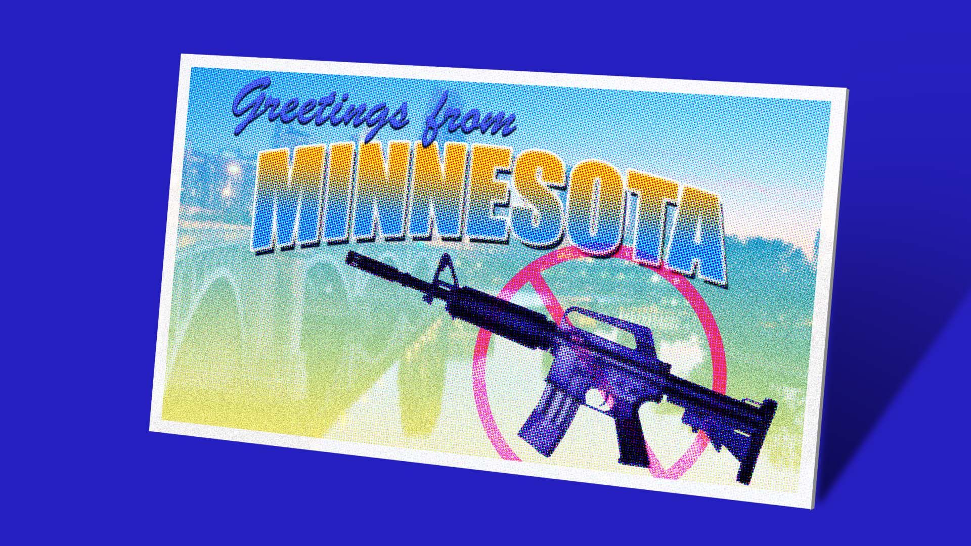 Illustration of a "greetings from Minnesota" postcard with a crossed out assault rifle on it