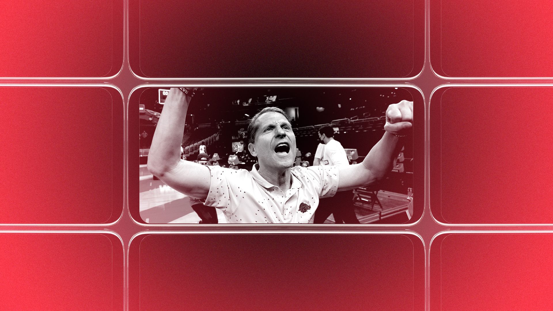 Photo illustration of a grid of smartphone screens, the center one showing an image of Eric Musselman.