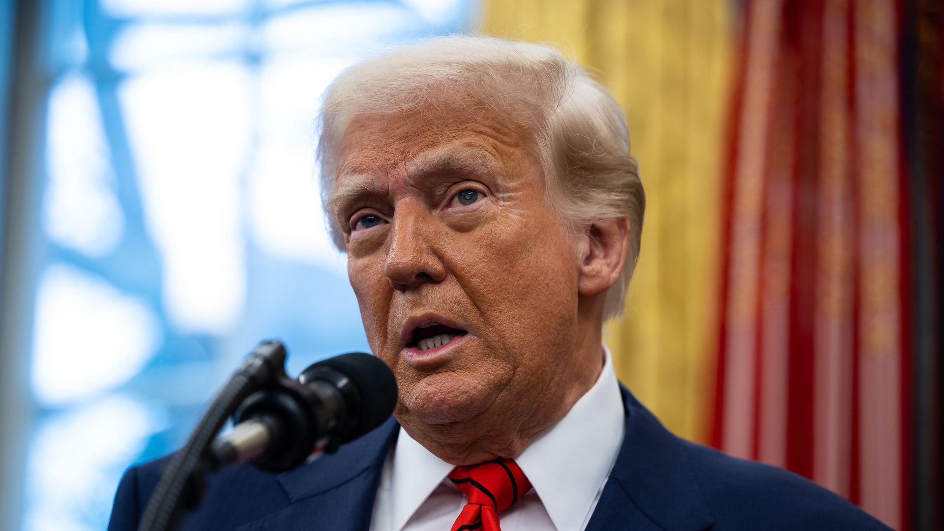 President  Trump speaks after a swearing-in ceremony for U.S. Attorney General Pam Bondi in the Oval Office of the White House in Washington, D.C., on Wednesday.