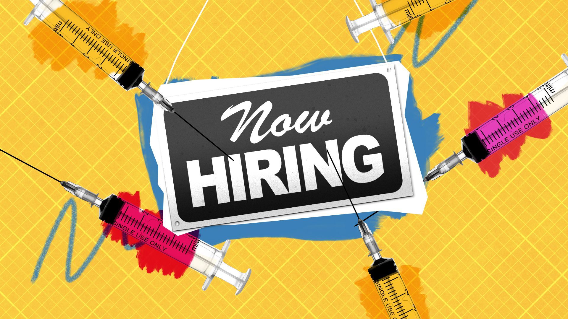 Illustration of a "now hiring sign" surrounded by syringes