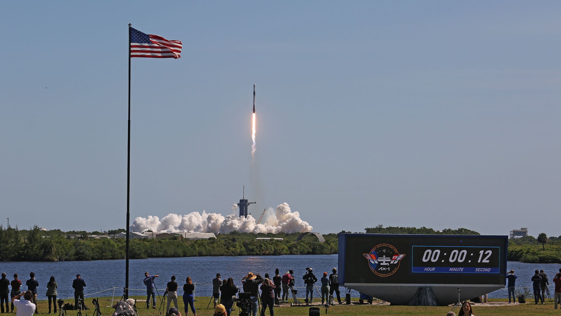 A SpaceX Falcon 9 rocket carrying a Crew Dragon spacecraft with four passengers lifting off from Cape Canaveral, Florida, on April 8.