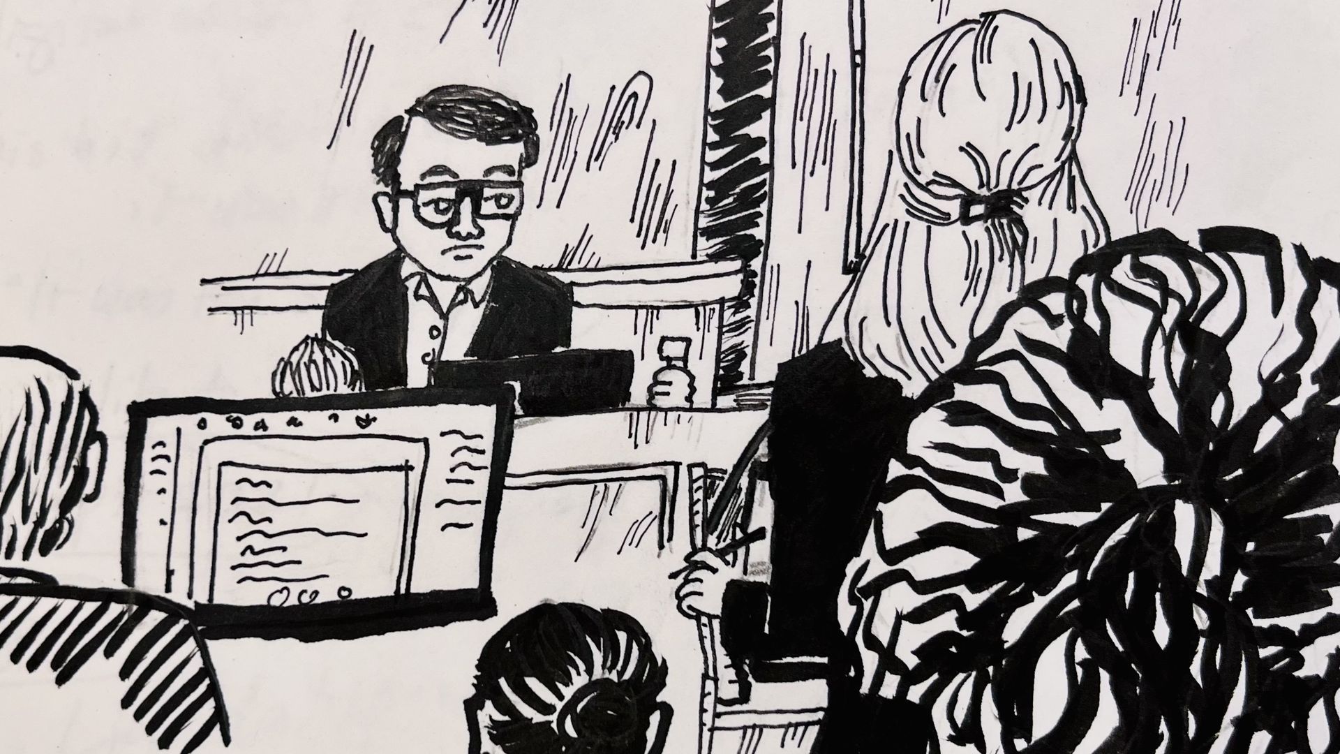 A drawing of a man on the witness stand as a female attorney asks questions and others listen.