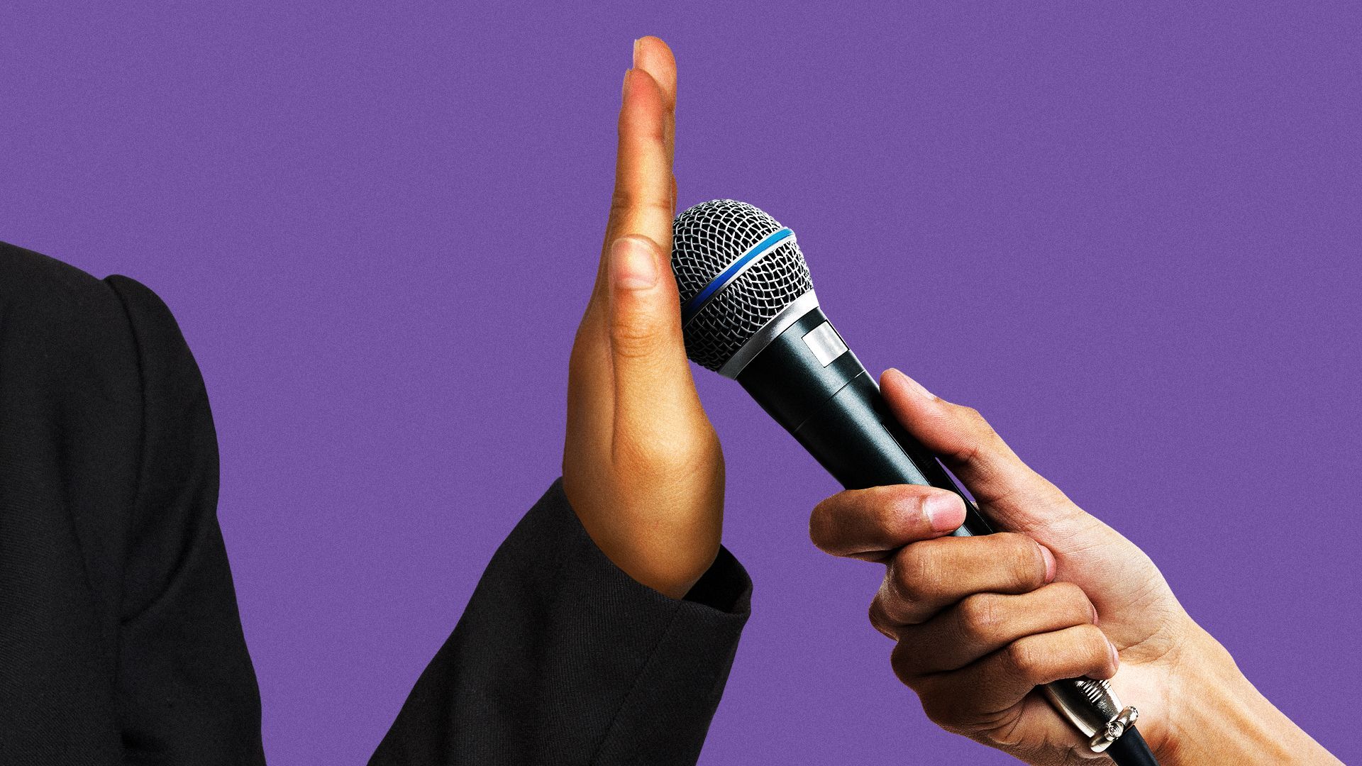 Illustration of a woman's hand pushing away a microphone.