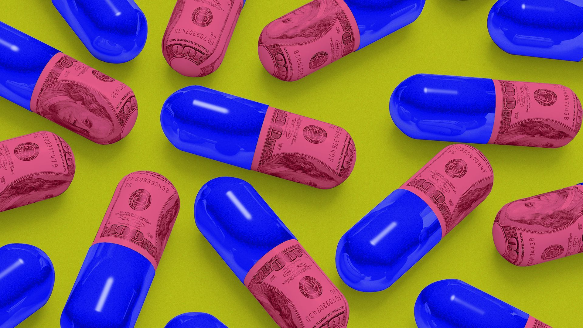 An illustration of pill capsules with dollar bills.