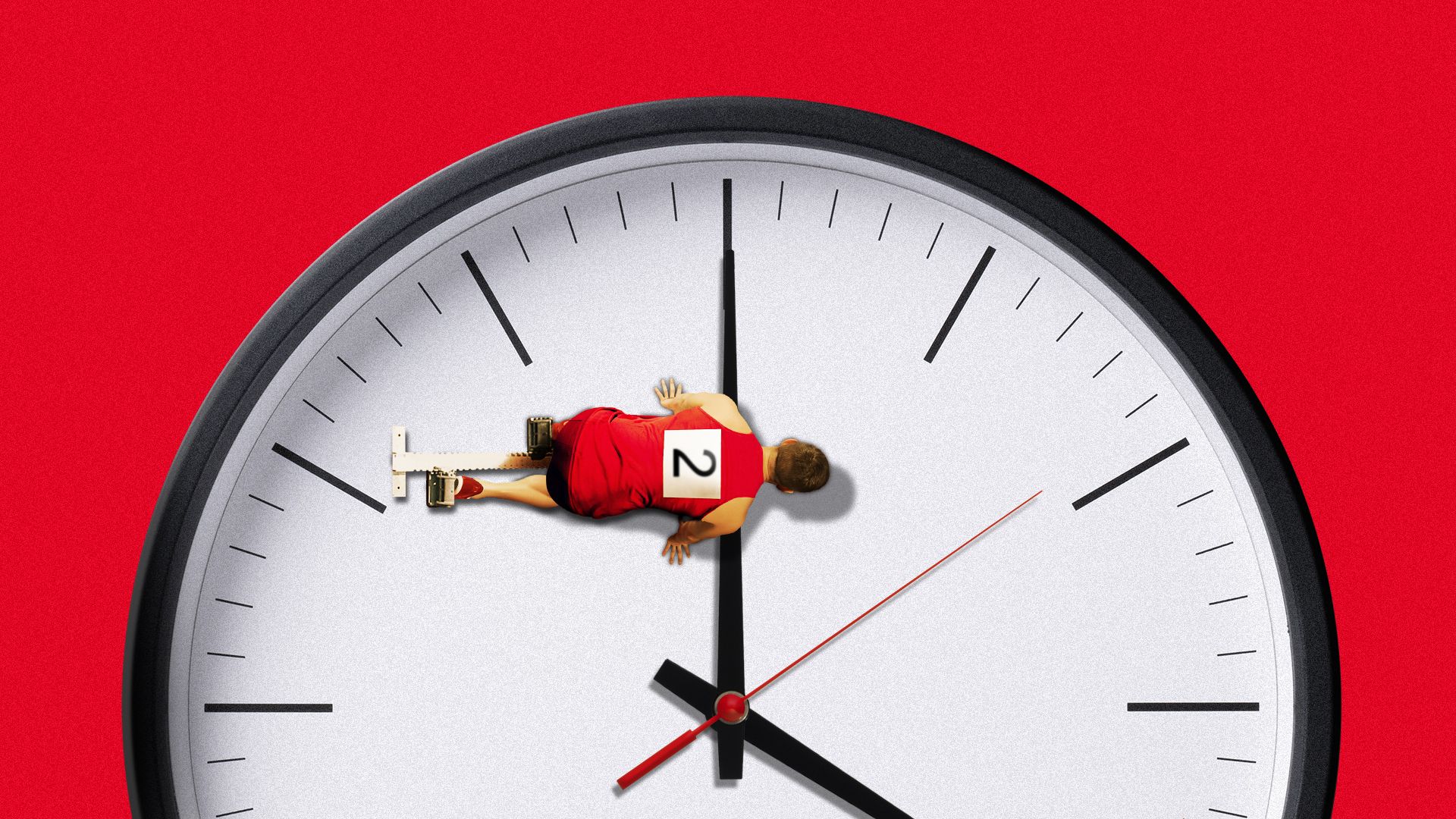 Illustration of a runner knelt down at a starting line in form of a clock