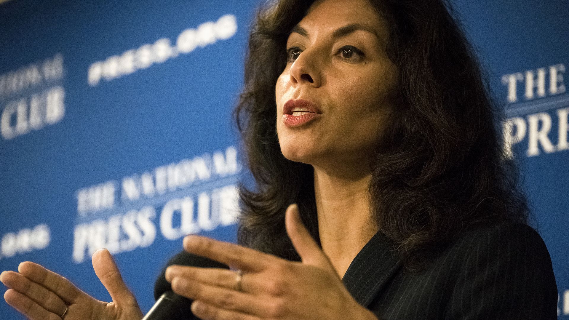 Judge Ashley Tabaddor, former president of the National Association of Immigration Judges (NAIJ) speaks to reporters at the National Press Club in Washington Friday September 21, 2018.