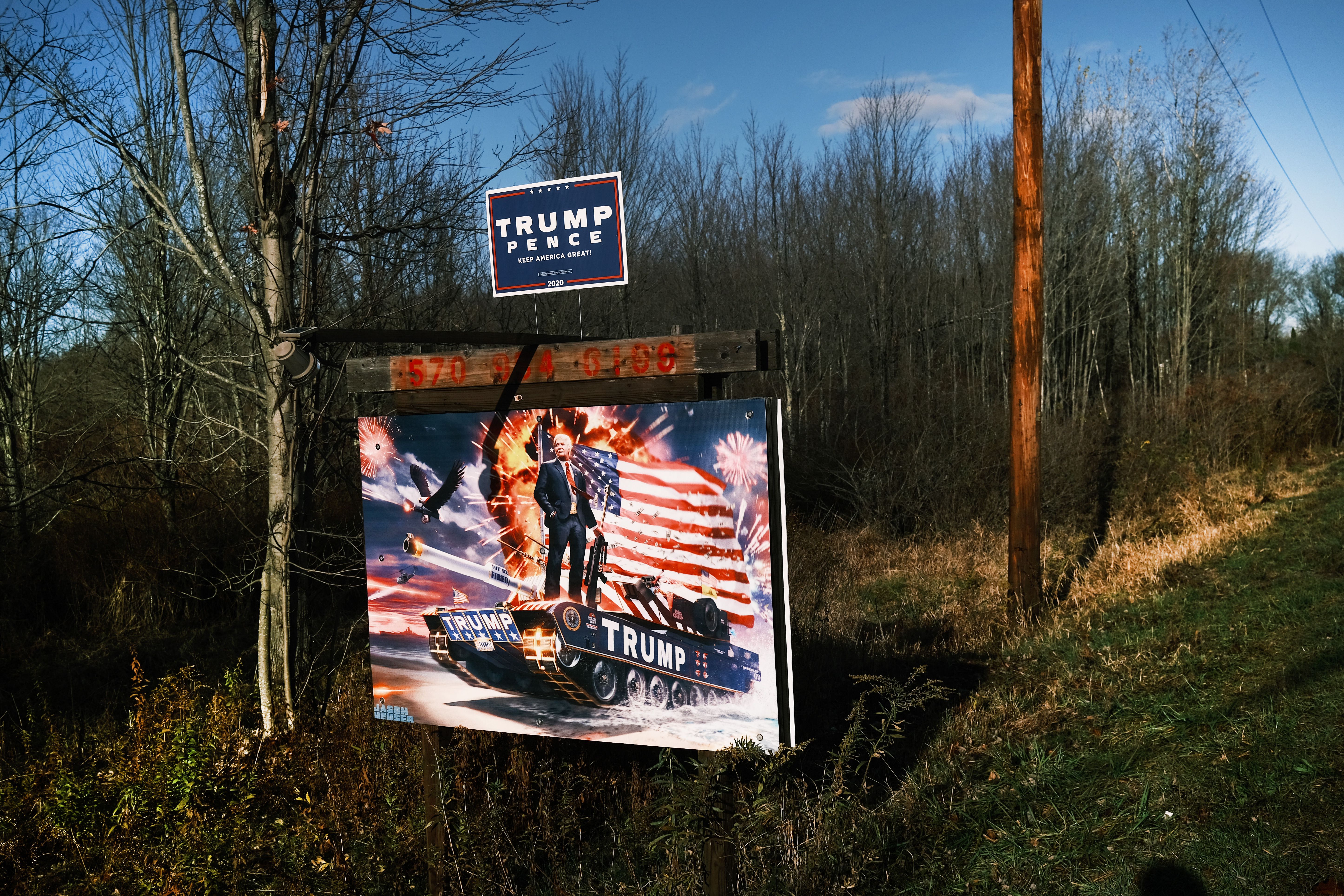 A homemade sign for President Donald Trump is displayed along a road on October 30, 2020 in Carbondale, Pennsylvania. 