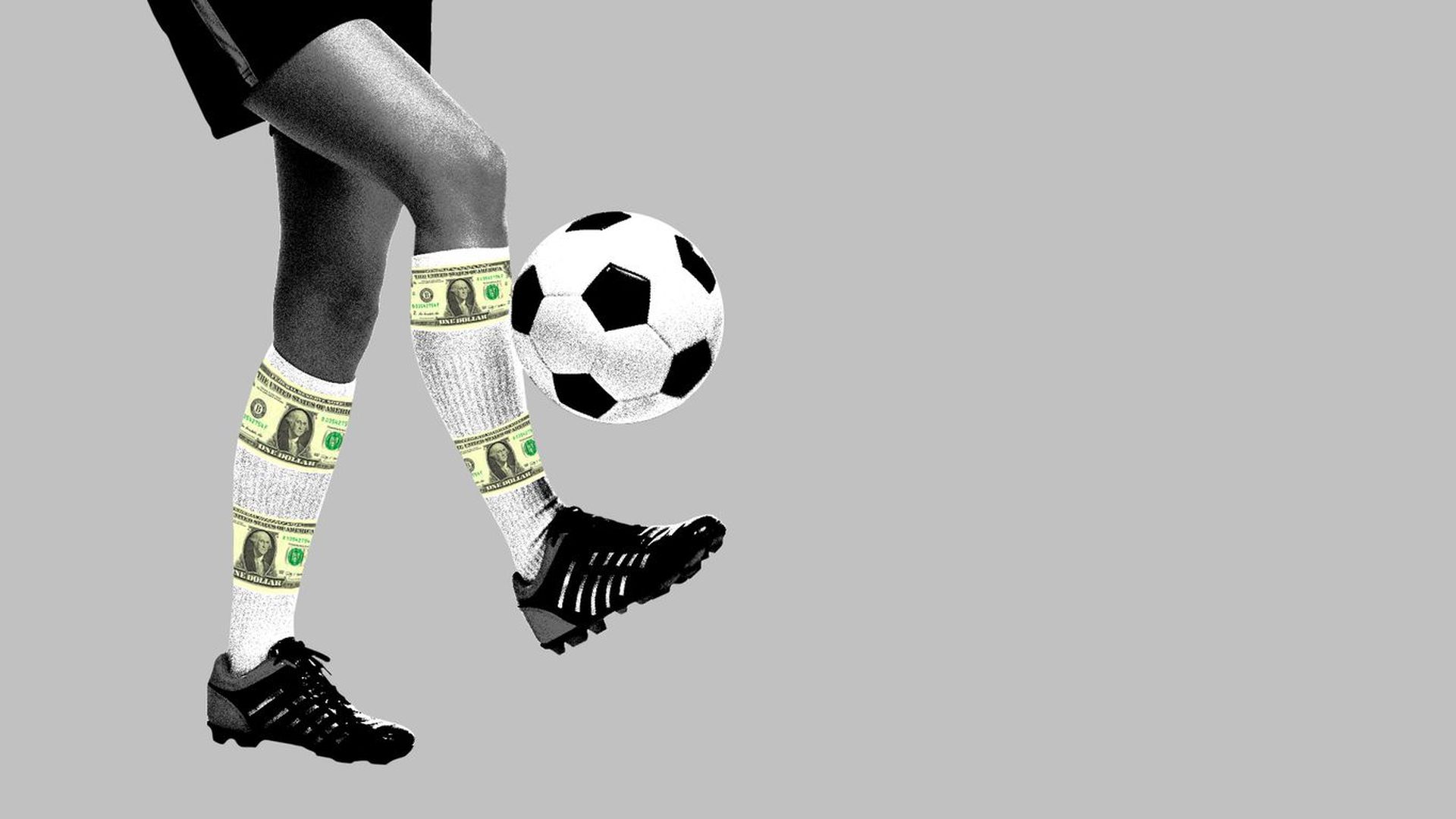 lllustration of a soccer player kicking a ball with one dollar bills wrapped around their socks.