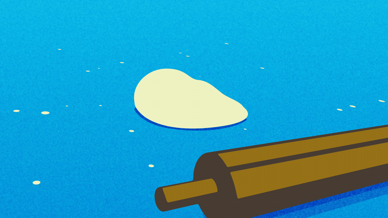 Animated illustration of a rolling pin rolling over a ball of dough, and flattening it into the shape of a house.