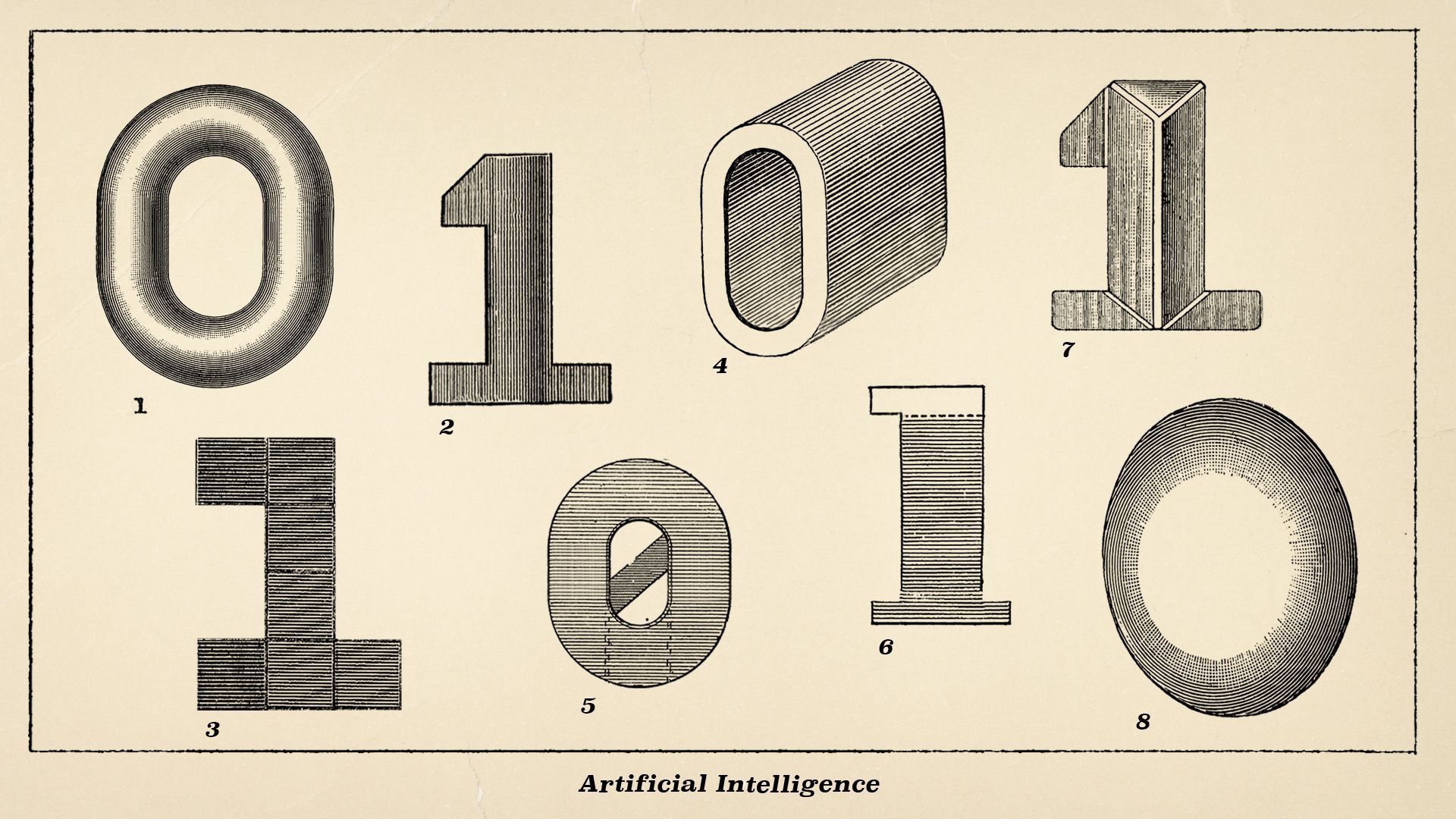 Illustration of a collection of zeroes and ones in the style of an antique scientific illustration.