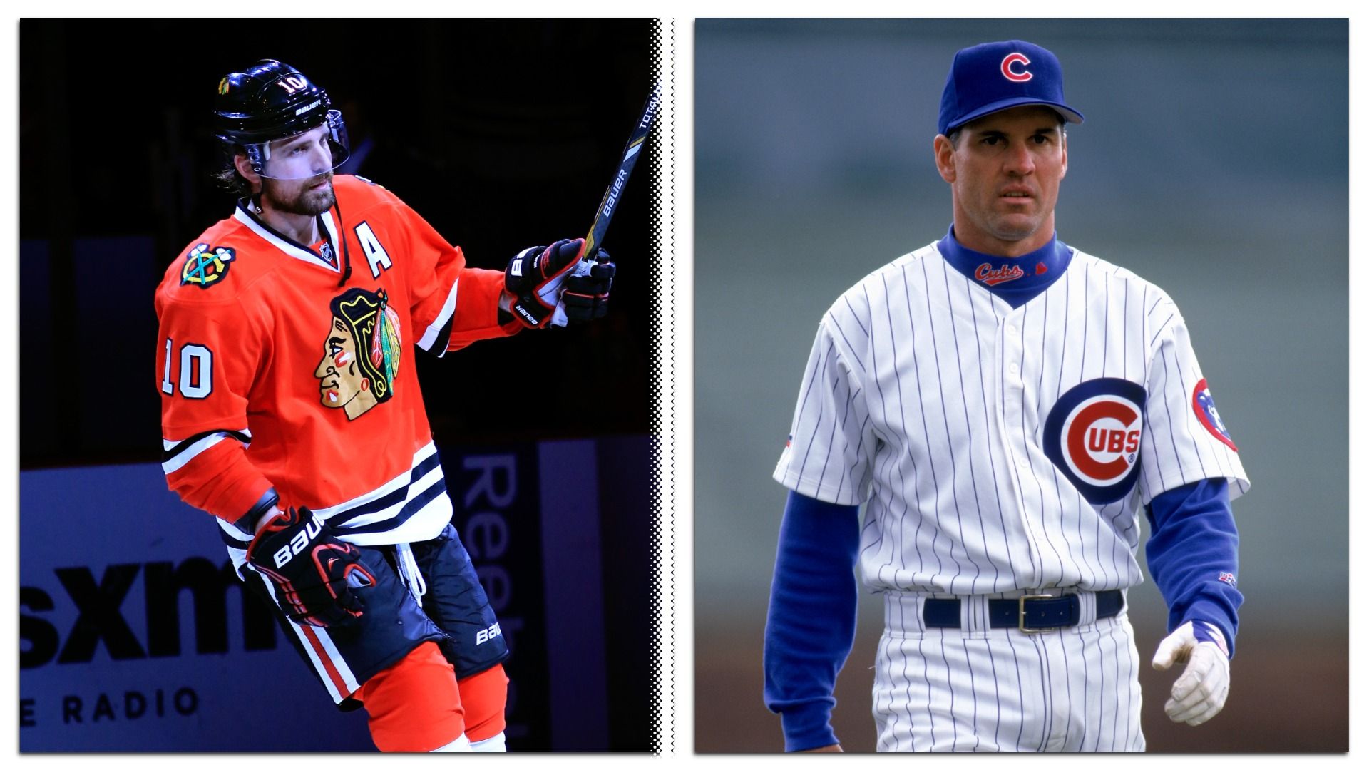 Side-by-side images of two athletes: left, a hockey player in a red Chicago Blackhawks jersey holding a hockey stick; right, a baseball player in a white Chicago Cubs pinstriped uniform.