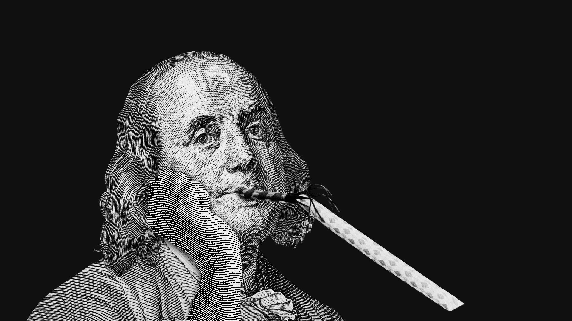 Benjamin Franklin resting his head on his hand and blowing a party horn