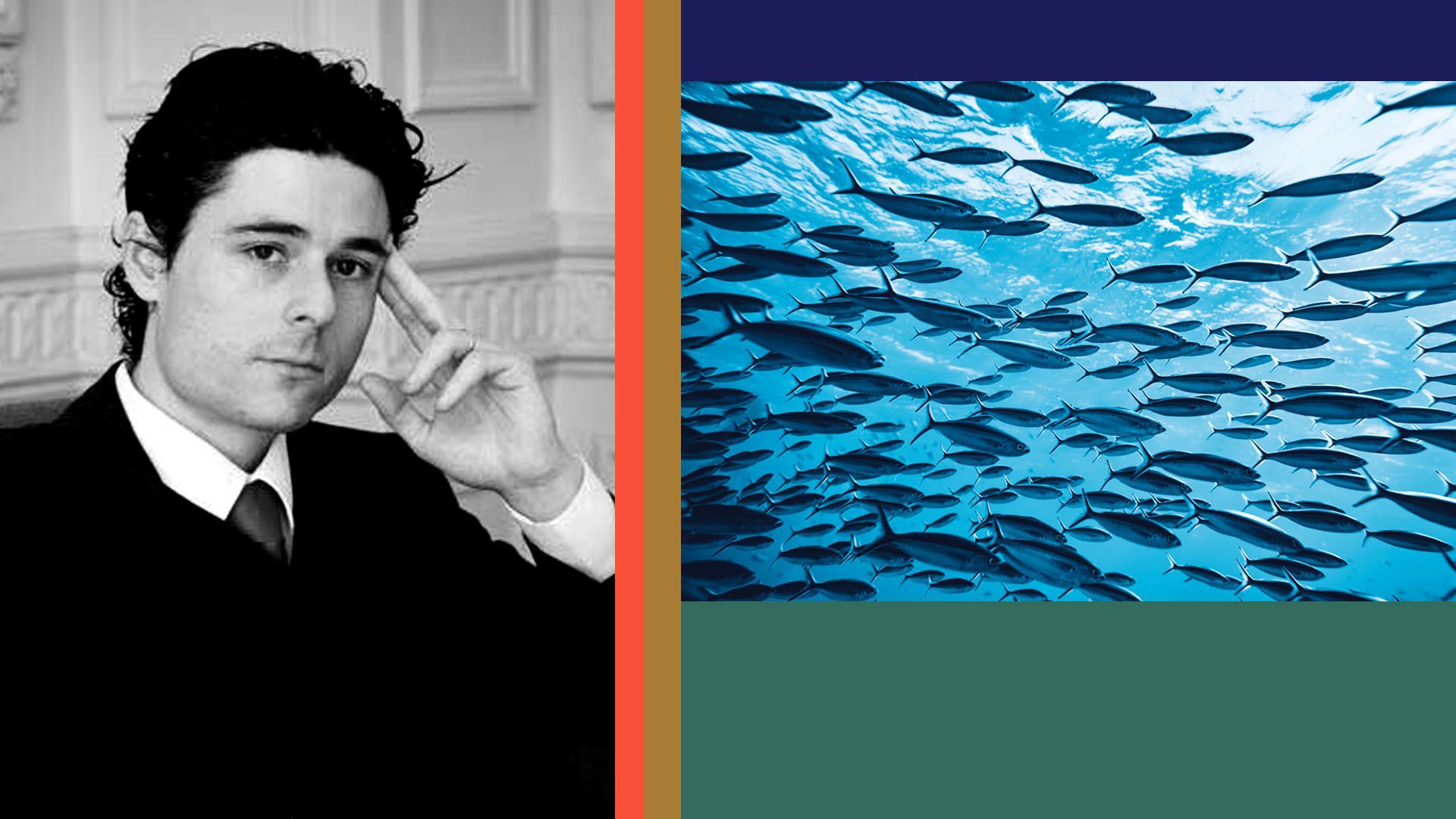 Photo collage of Pablo Ferrara and a school of fish