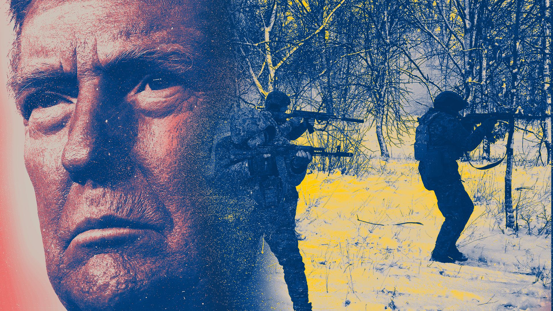 Photo illustration of a collage featuring Donald Trump in red, beige, and blue, next to a scene of Ukrainian soldiers training in the Donetsk region in beige, blue, and yellow.