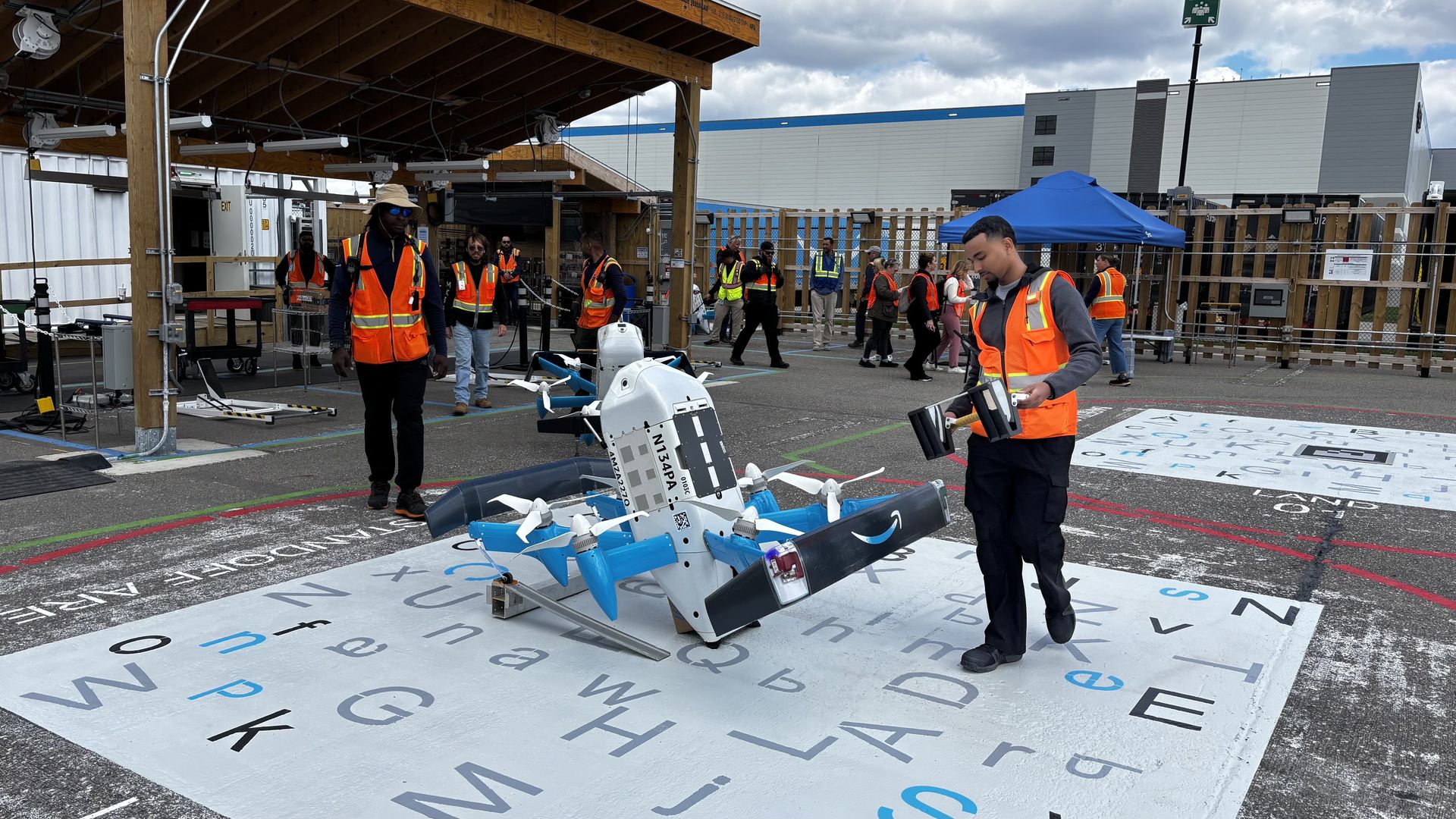 An Amazon Prime Air drone at the company's Pontiac delivery hub.