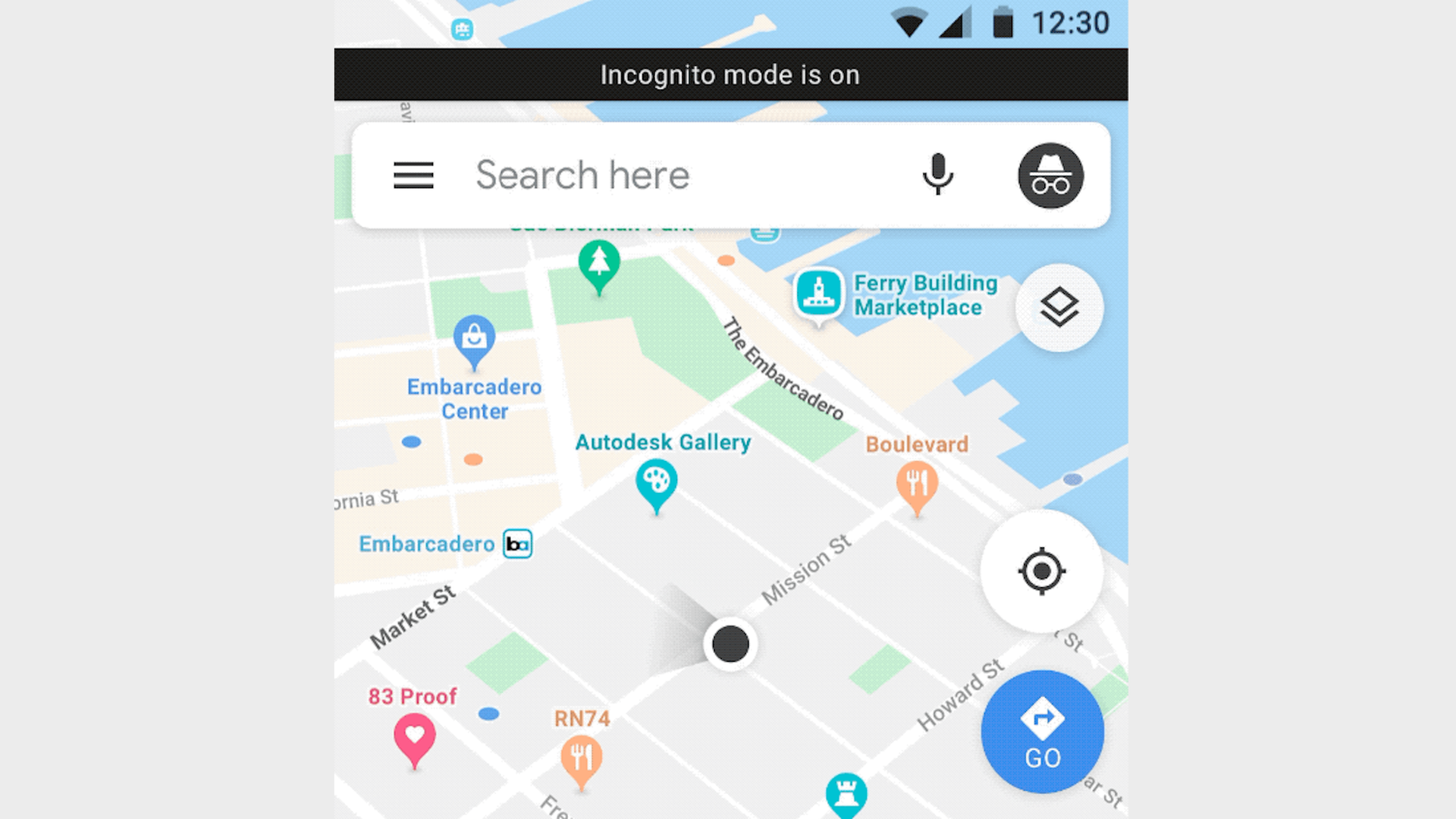 A screenshot of the incognito mode in Google Maps