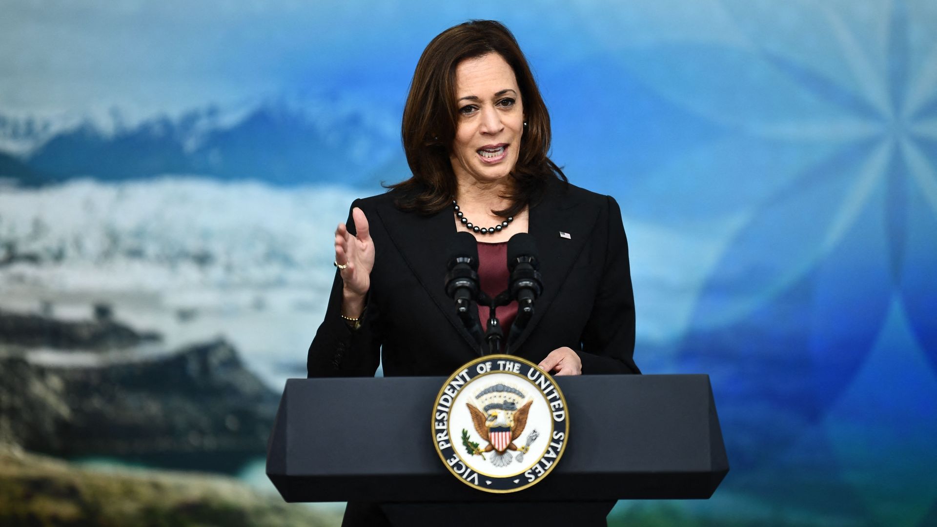 Vice President Kamala Harris speaks during a Tribal Nations Summit in the South Court Auditorium.
