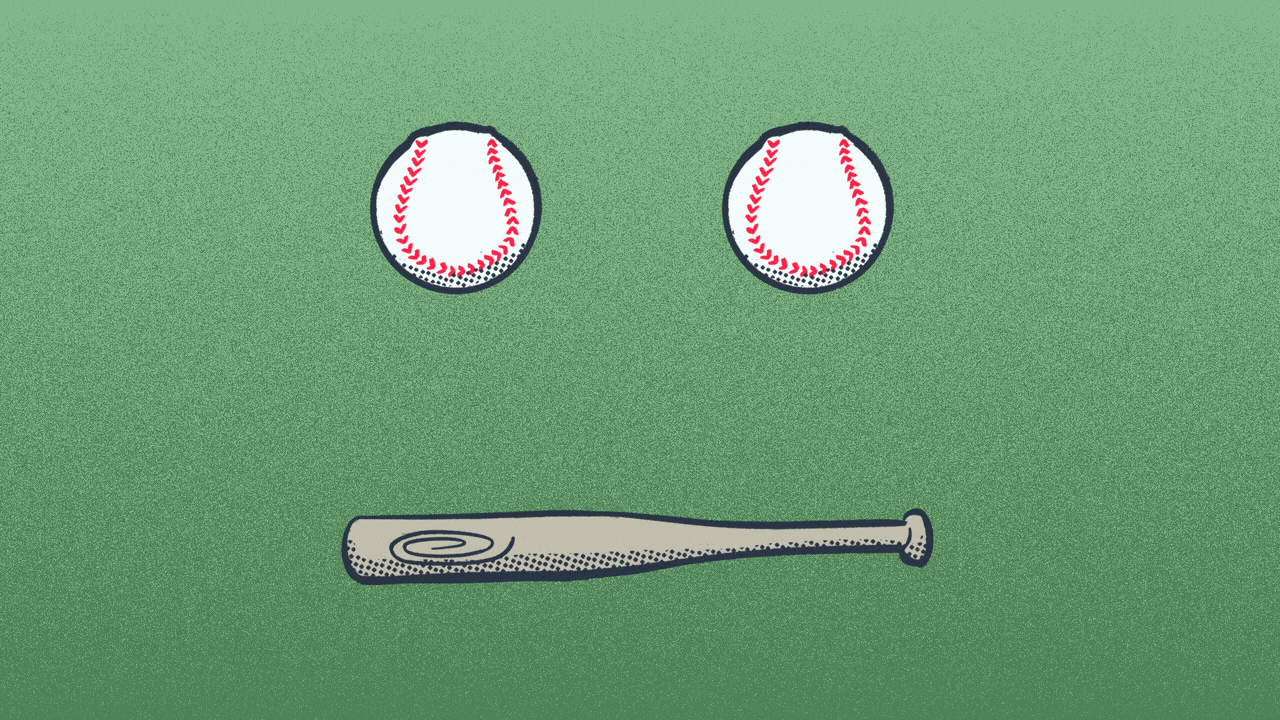 Illustration of a neutral face made out of two baseballs and a bat, that changes to a smiley face with spinning baseballs. 