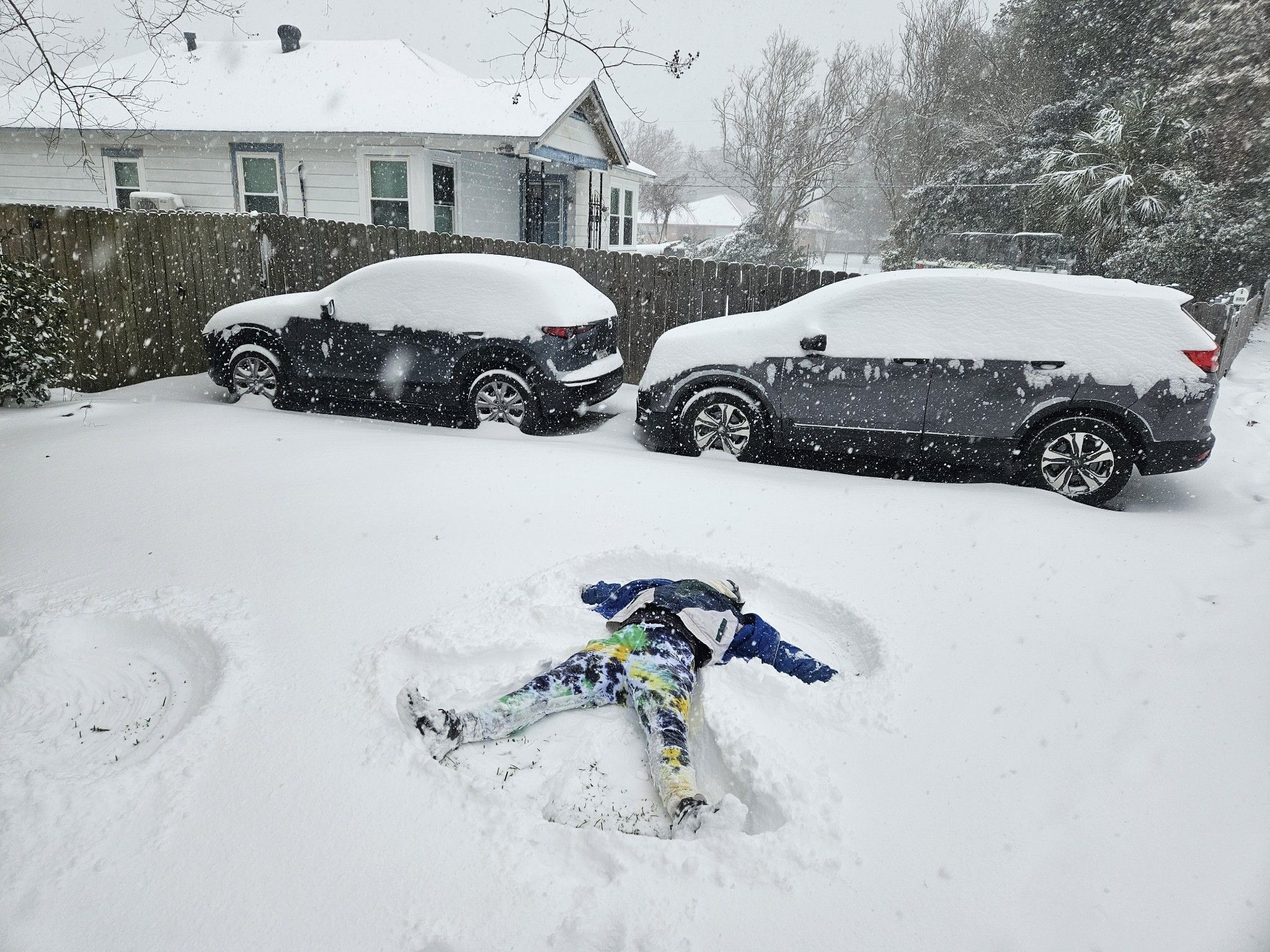 A person makes a snow angel next to two parked cars.