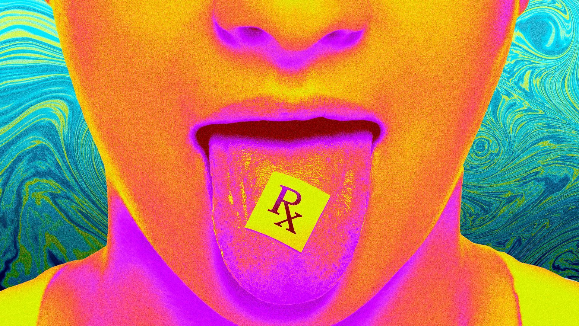 Illustration of a person with an LSD blotter on their tongue with "Rx" printed on it.