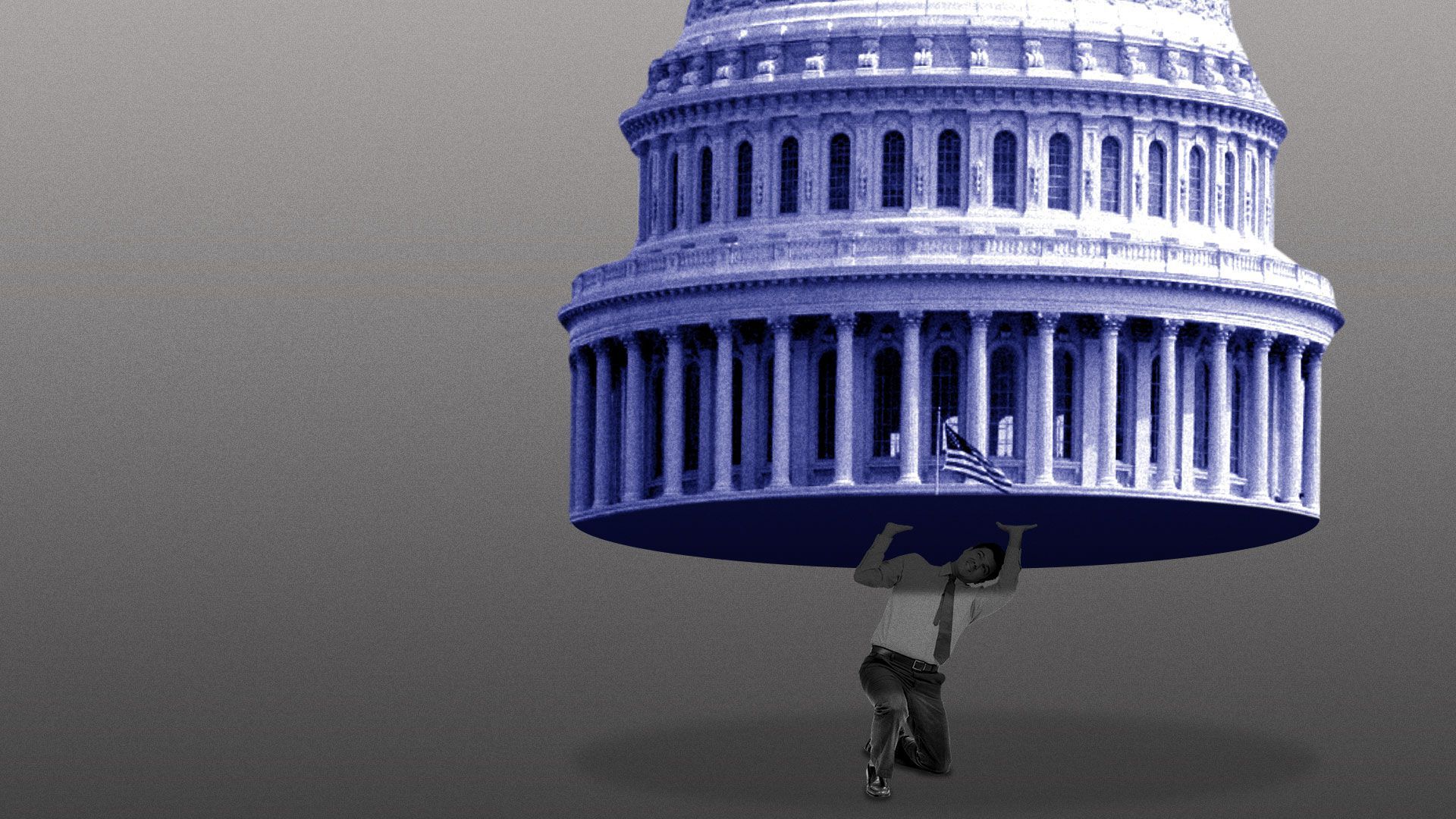 Illustration of person being crushed by Congress building.