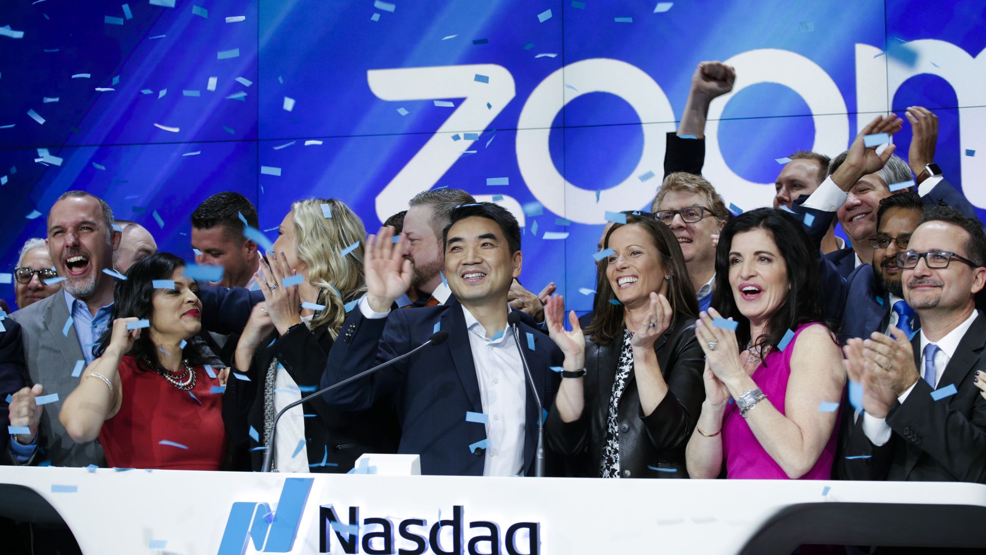 Confetti falls as Zoom founder Eric Yuan rings the Nasdaq opening bell on April 18, 2019 in New York City.