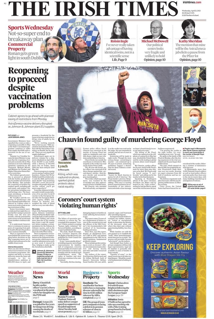Picture of Ireland's The Irish Time newspaper's front page with a headline on Chauvin's conviction