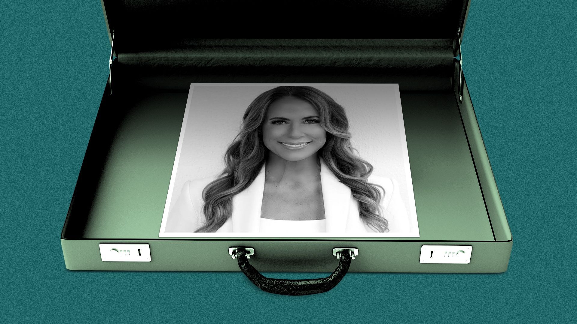 Photo illustration of a briefcase with a photo of Carrie Charles in it.