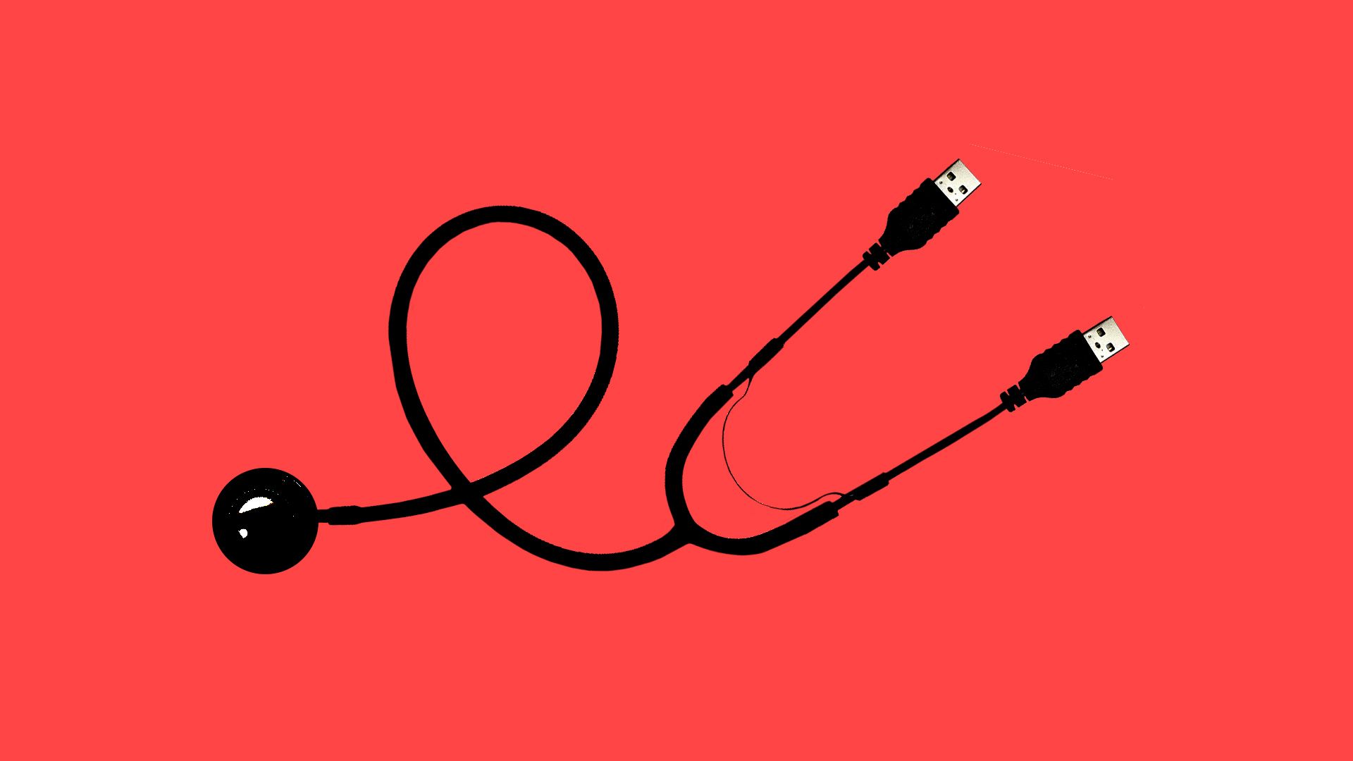 Illustration of stethoscope with USB cables instead of ear pieces