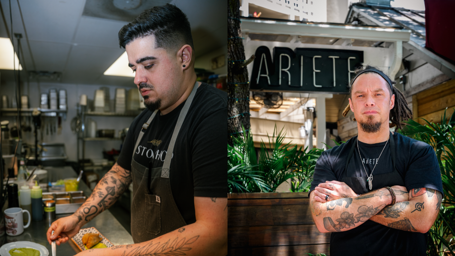 Two tattooed men in black shirts and aprons: left, in a busy kitchen, plating a dish; right, outdoors with arms crossed near a sign that reads "ARIETE" amid lush plants.