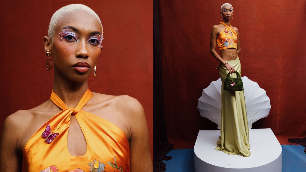 Two-panel fashion shot of a model with short platinum hair, purple butterfly makeup, and an orange floral halter; on the right wearing a pale green skirt and moss bag, against an orange backdrop.