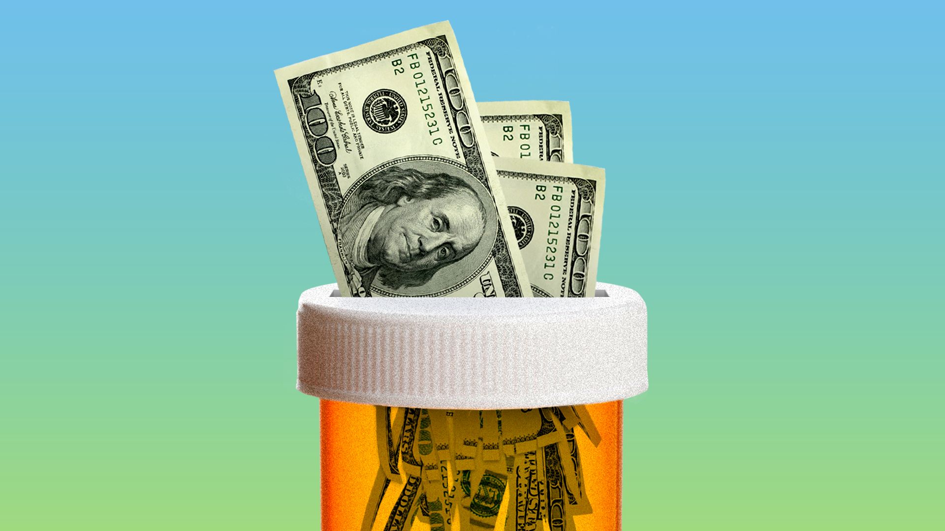 An amber pill bottle with hundred-dollar bills stuffed inside.