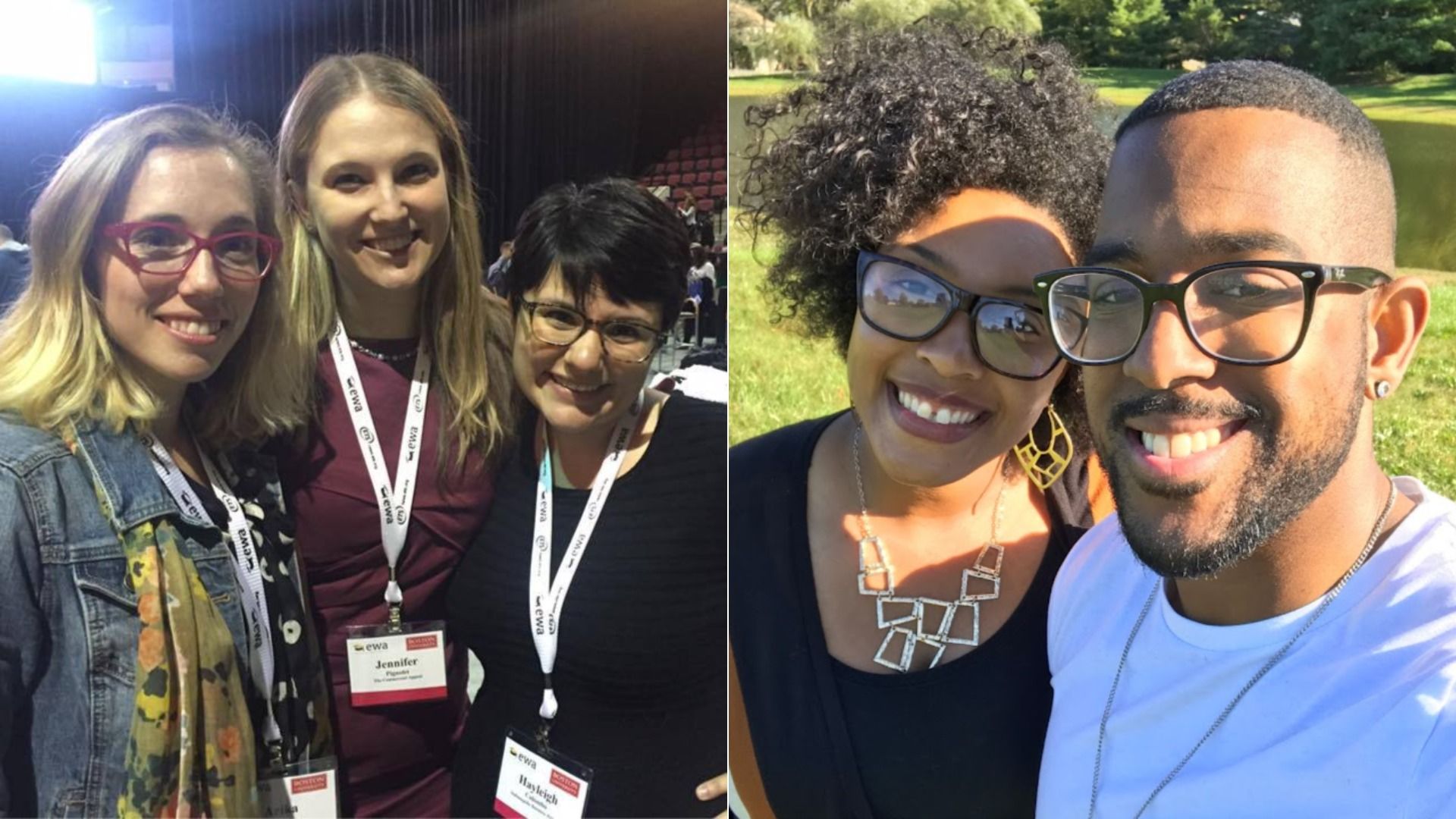 Photo collage of two groups smiling. Left: three women at an indoor event with name badges and lanyards. Right: man and woman outdoors on a sunny day, both wearing glasses.
