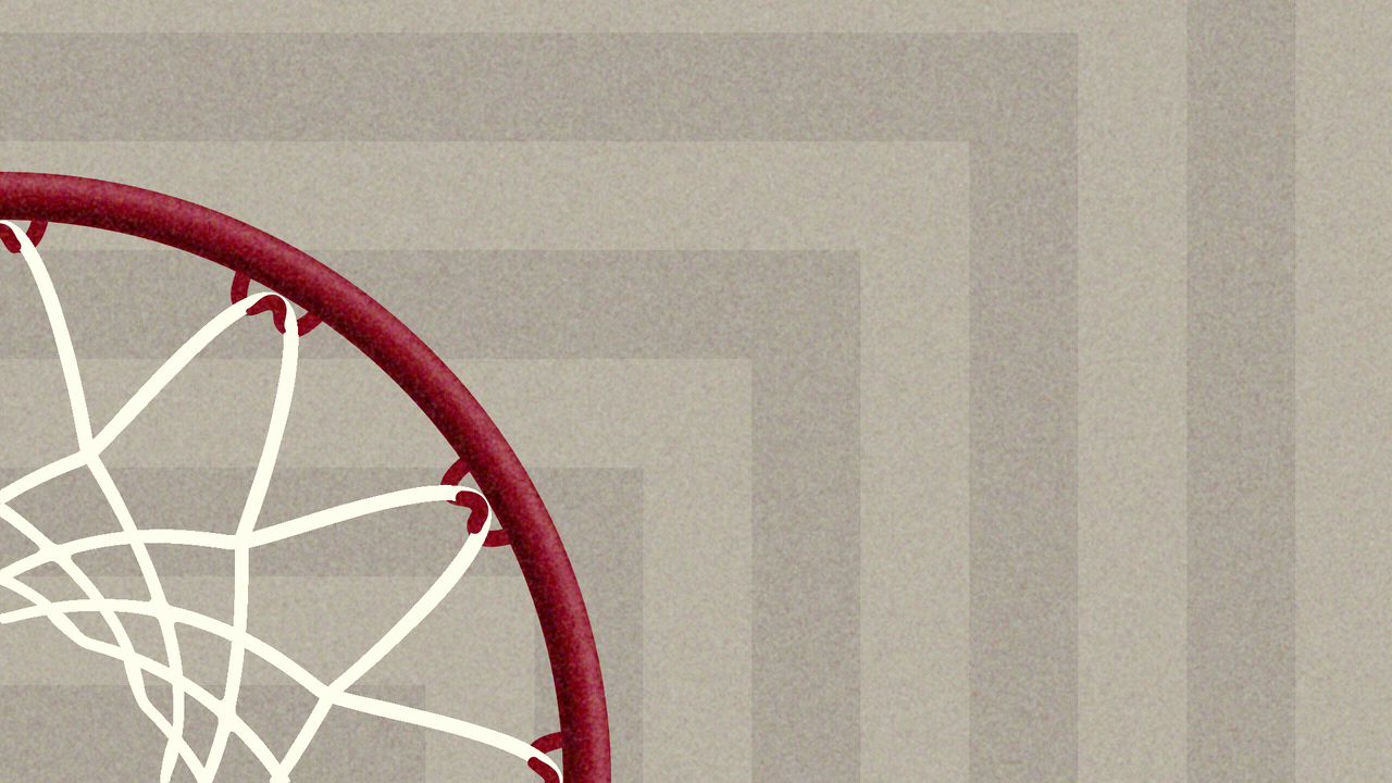 Animated illustration of a basketball hoop, cropped so you only see fourth of it and seen from above, changing into a square shape, with the words "Cavs Corner" writing on to the screen next to it.