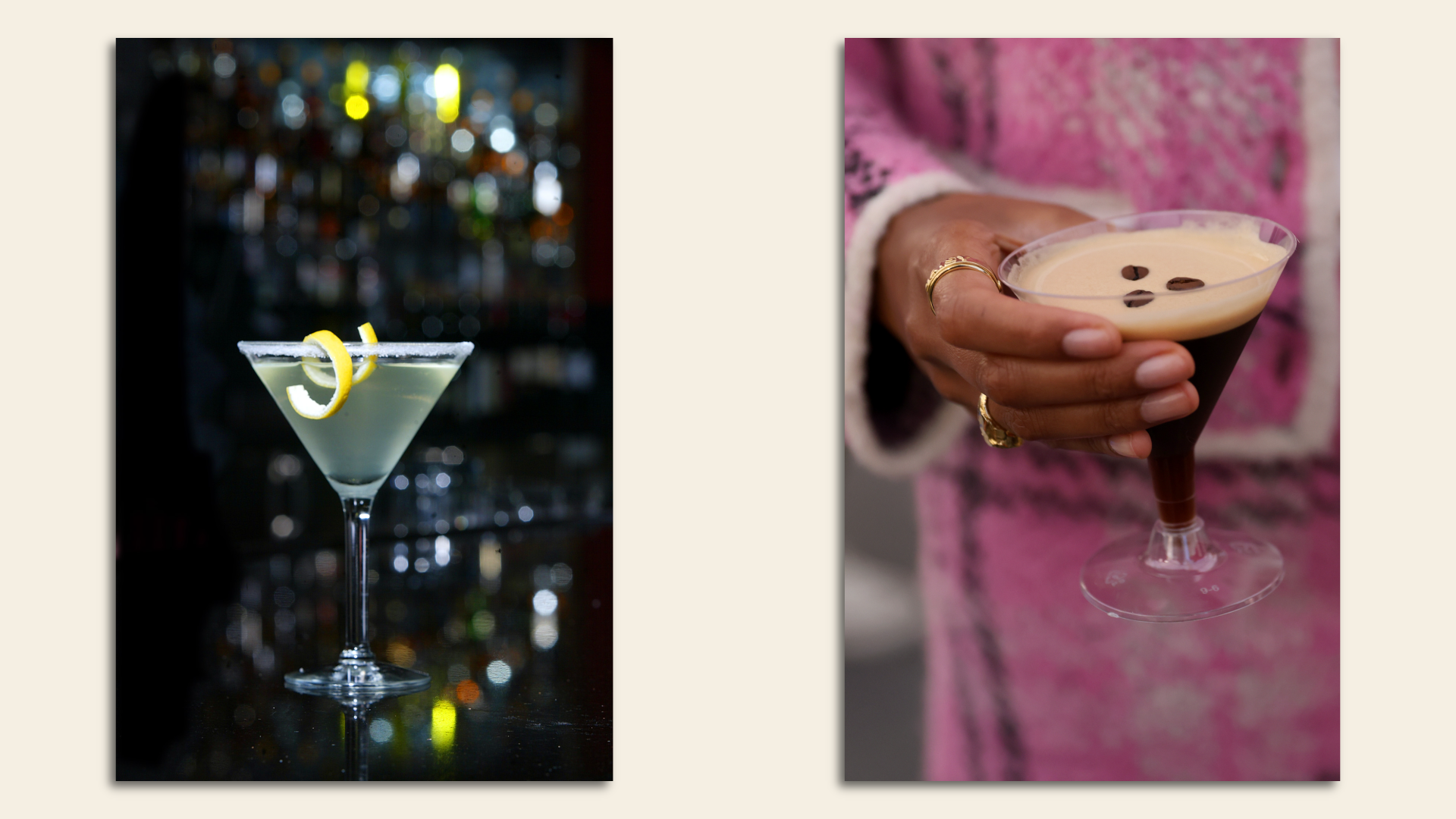 A lemon drop martini (left) and espresso martini (right)