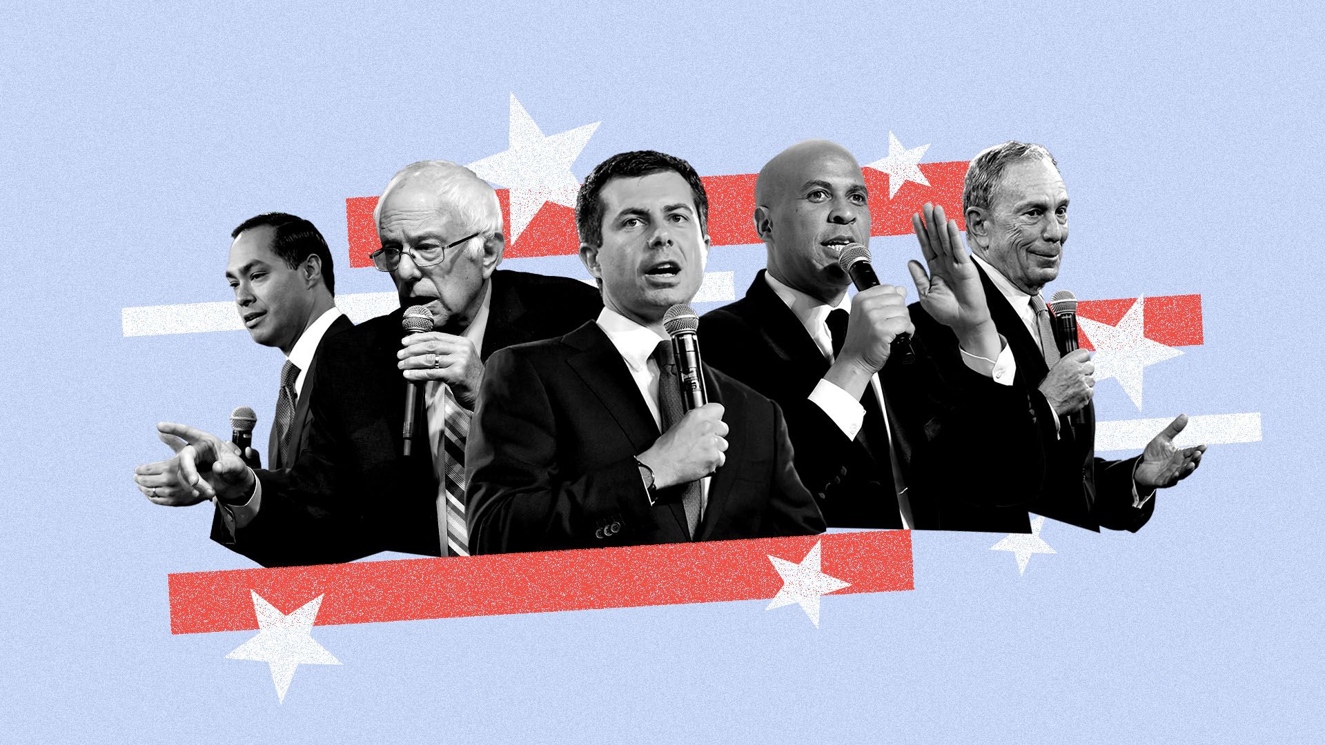 Photo illustration of mayors Julian Castro, Bernie Sanders, Pete Buttigieg, Cory Booker, and Michael Bloomberg with stars and stripes in the background