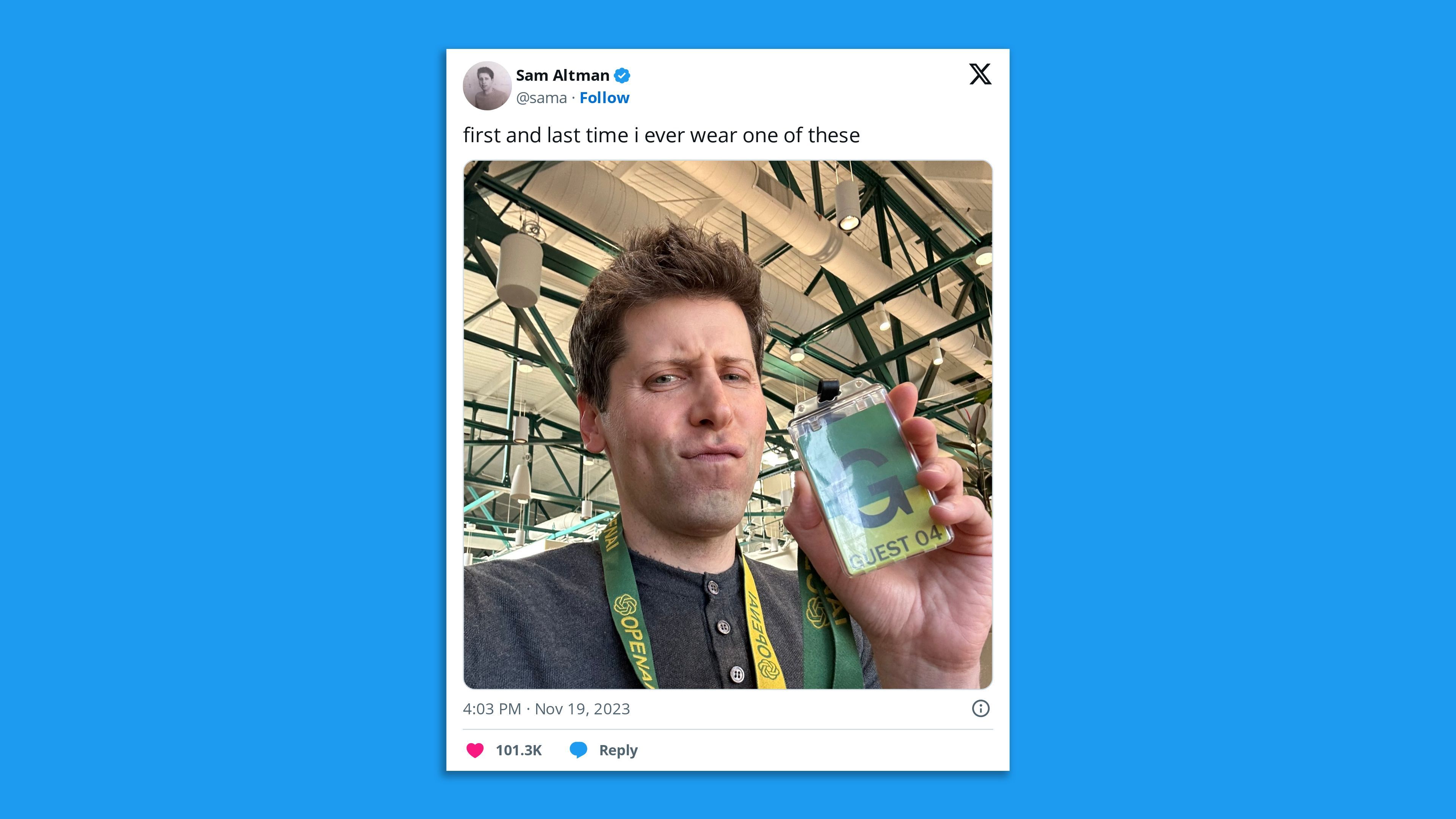 A screenshot of a tweet of Sam Altman holding a Microsoft badge. The tweet says first and last time i ever wear one of these