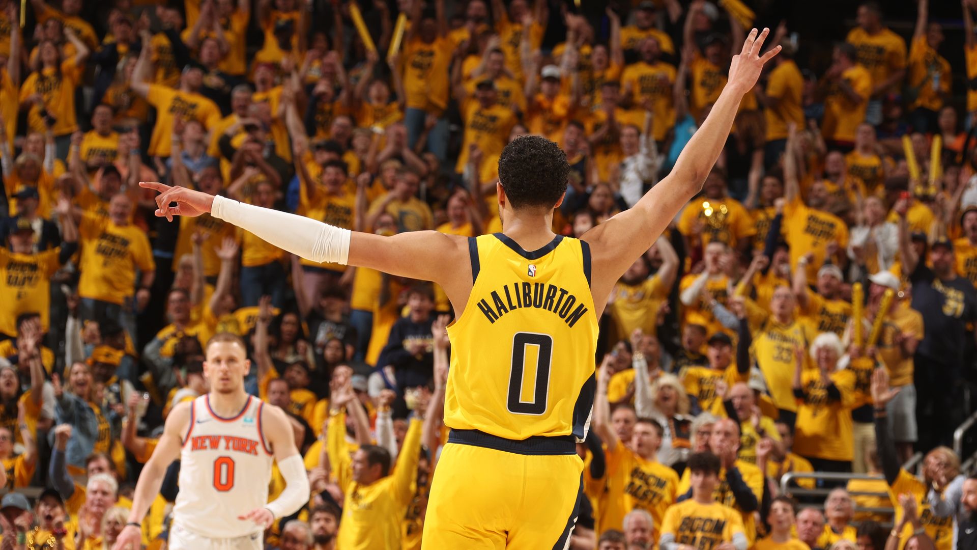 Tyrese Haliburton #0 of the Indiana Pacers celebrates during the game against the New York Knicks in Indianapolis, Indiana. 