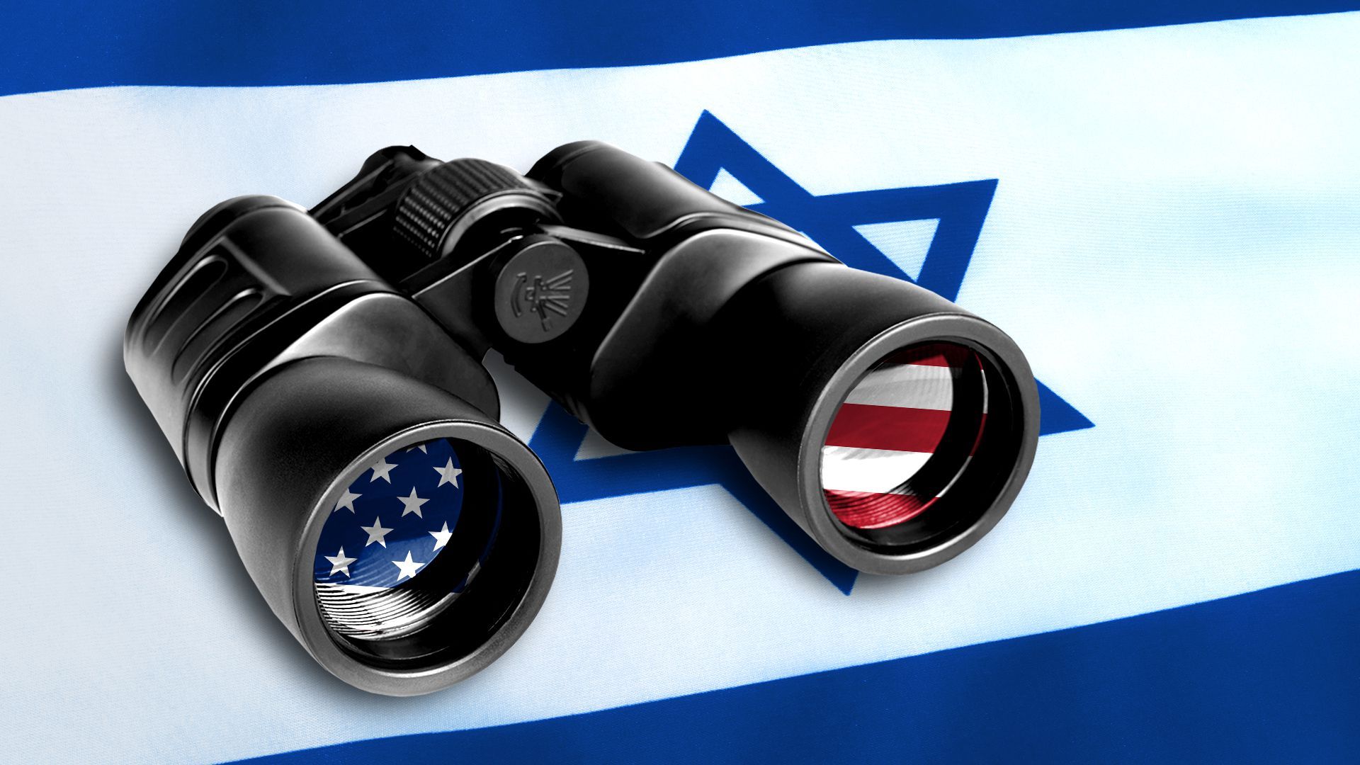 Illustration of binoculars resting on the Israel flag, reflecting the U.S. flag in the lenses
